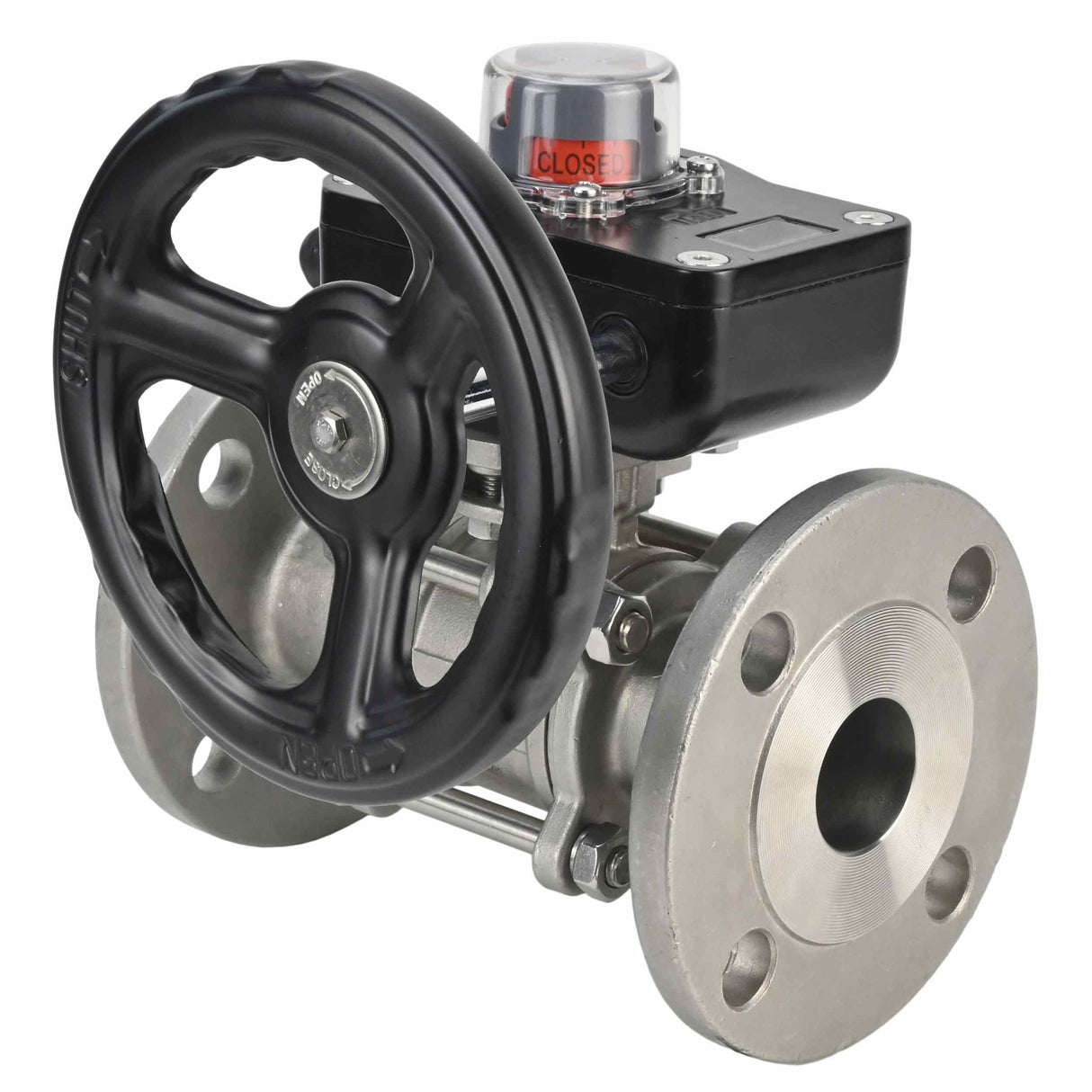 Válvula de bola de acero inoxidable Elephant ksfpt-304-180-hgb, material del cuerpo - acero inoxidable AISI 304, material de la bola - acero inoxidable AISI 304, sello - PTFE, operada por manija