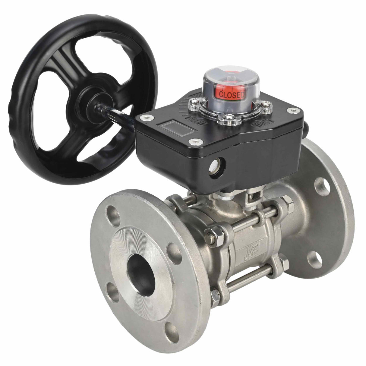 Válvula de bola de acero inoxidable Elephant ksfpt-304-180-hgb, material del cuerpo - acero inoxidable AISI 304, material de la bola - acero inoxidable AISI 304, sello - PTFE, operada por manija