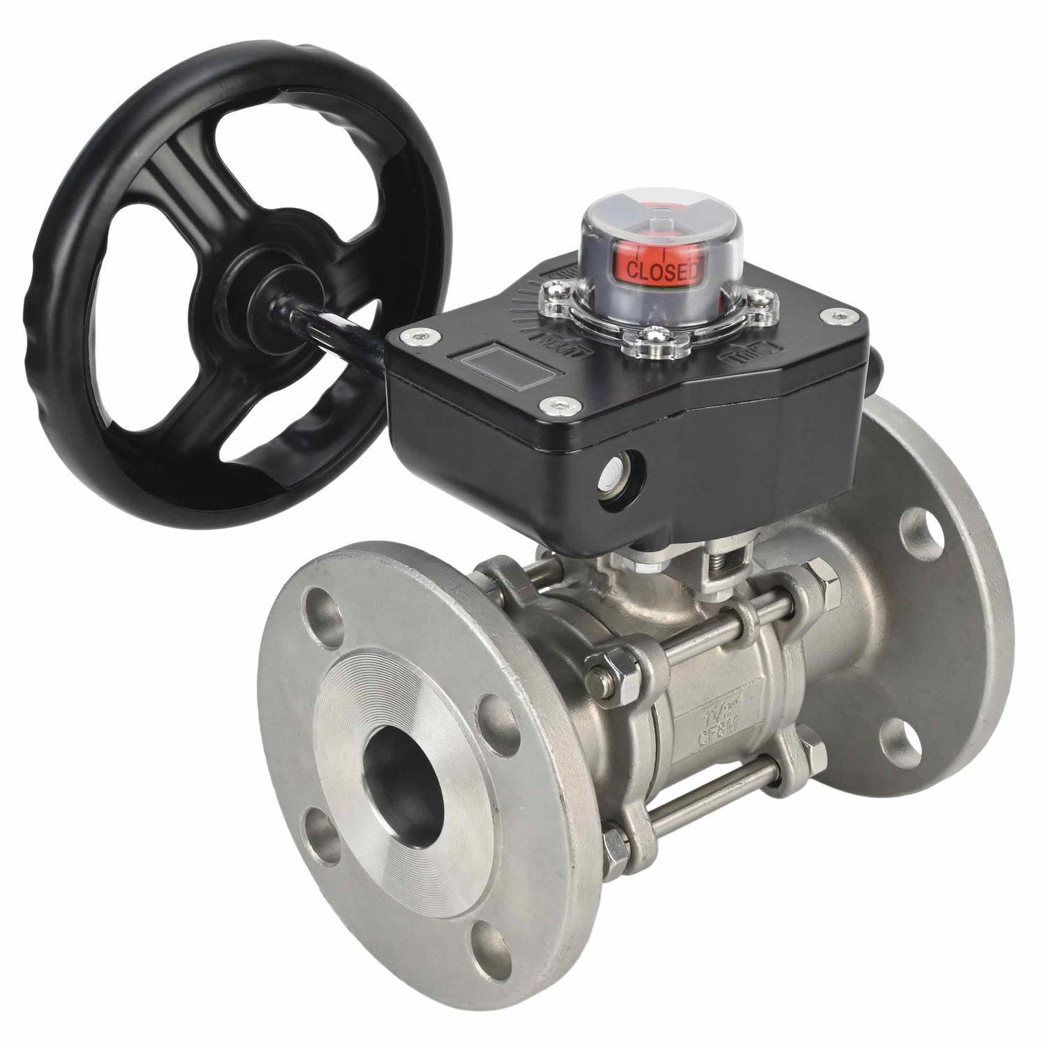 Válvula de bola de acero inoxidable Elephant ksfpt-304-180-hgb, material del cuerpo - acero inoxidable AISI 304, material de la bola - acero inoxidable AISI 304, sello - PTFE, operada por manija