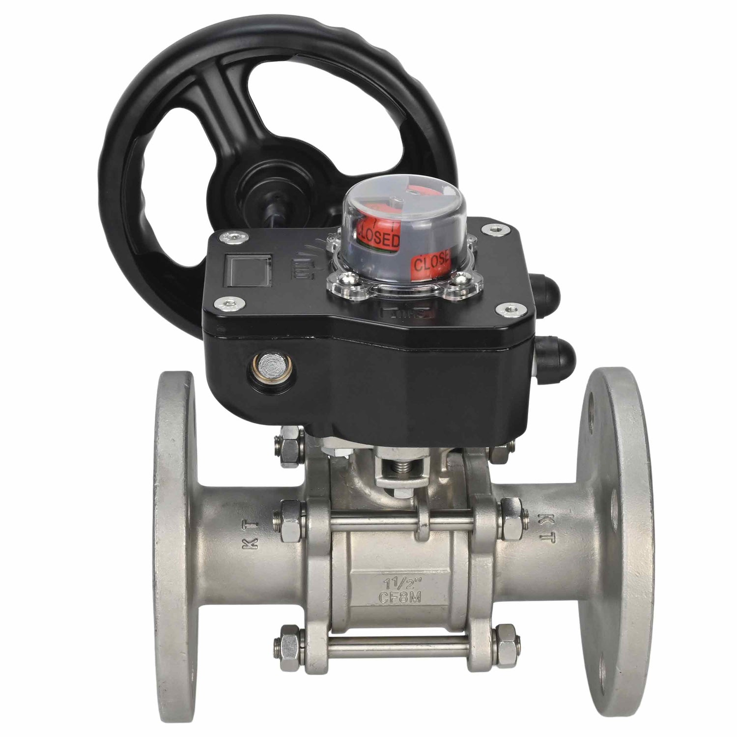 Válvula de bola de acero inoxidable Elephant ksfpt-304-180-hgb, material del cuerpo - acero inoxidable AISI 304, material de la bola - acero inoxidable AISI 304, sello - PTFE, operada por manija