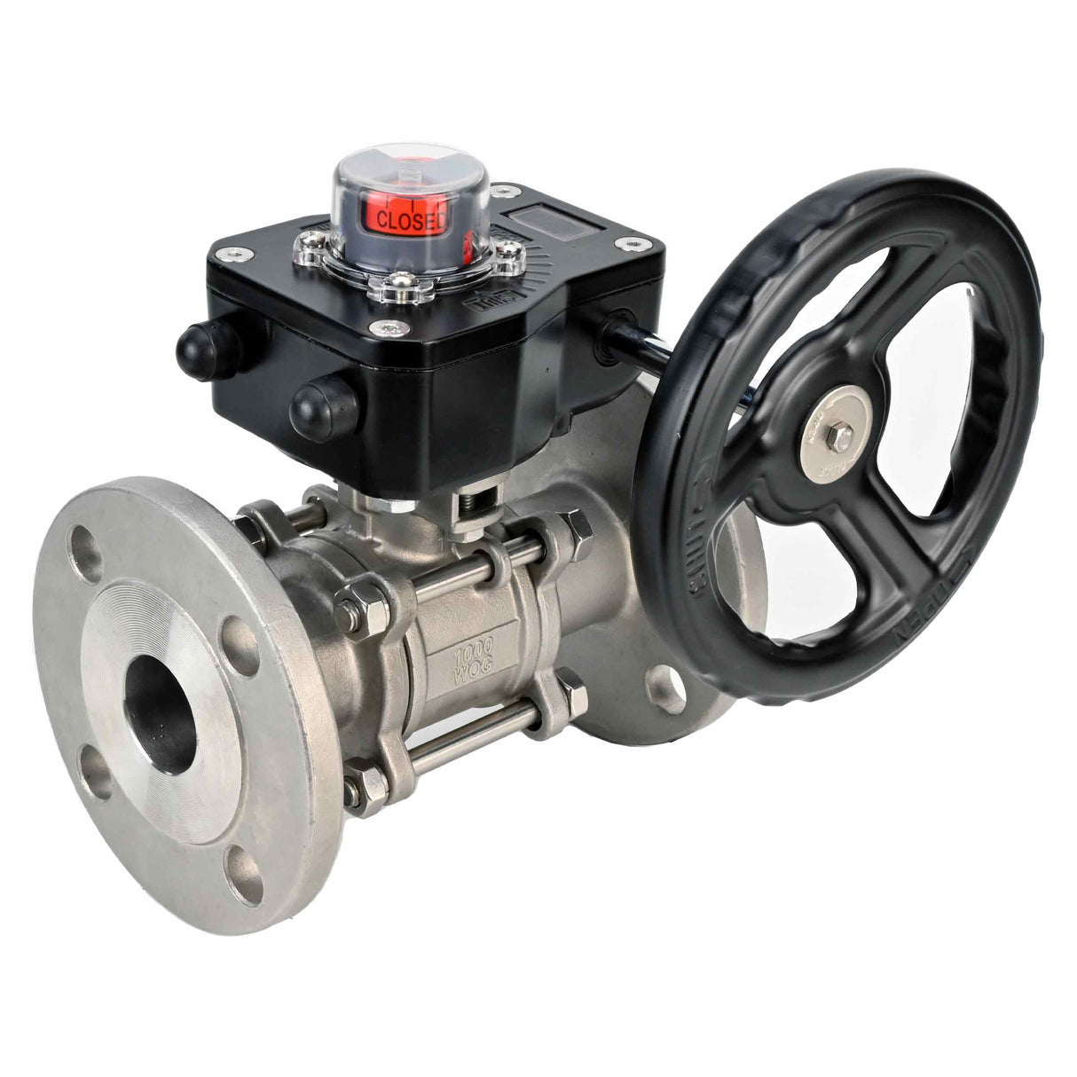 Válvula de bola de acero inoxidable Elephant ksfpt-304-180-hgb, material del cuerpo - acero inoxidable AISI 304, material de la bola - acero inoxidable AISI 304, sello - PTFE, operada por manija