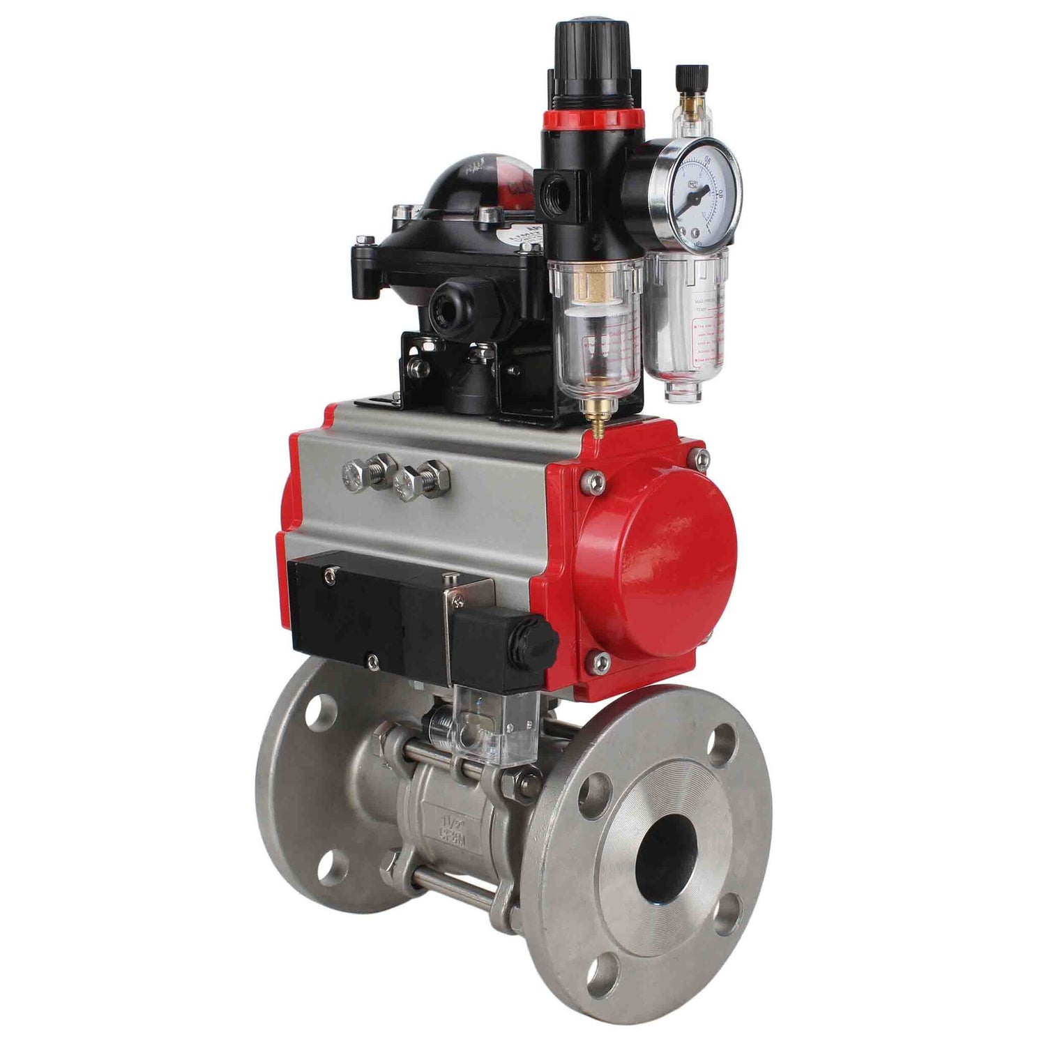 Válvula de bola de acero inoxidable Elephant ksfpt-304-180-da-4m310-110/220v-apl210n-afc2000, material del cuerpo - acero inoxidable AISI 304, material de la bola - acero inoxidable AISI 304, sello - PTFE, actuador neumático operado