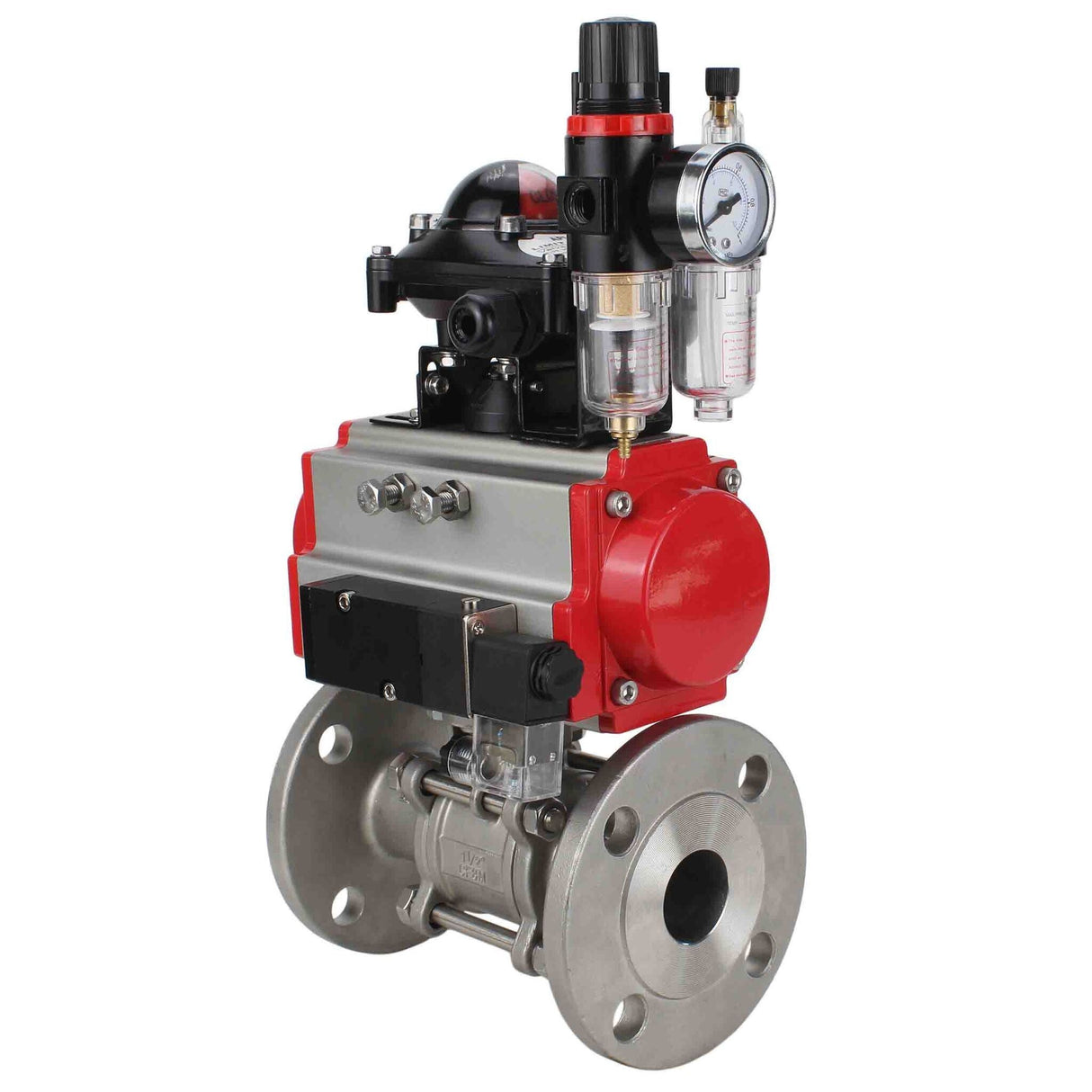 Válvula de bola de acero inoxidable Elephant ksfpt-316-180-da-4m310-110/220v-apl210n-afc2000, material del cuerpo - acero inoxidable AISI 316, material de la bola - acero inoxidable AISI 316, sello - PTFE, actuador neumático operado