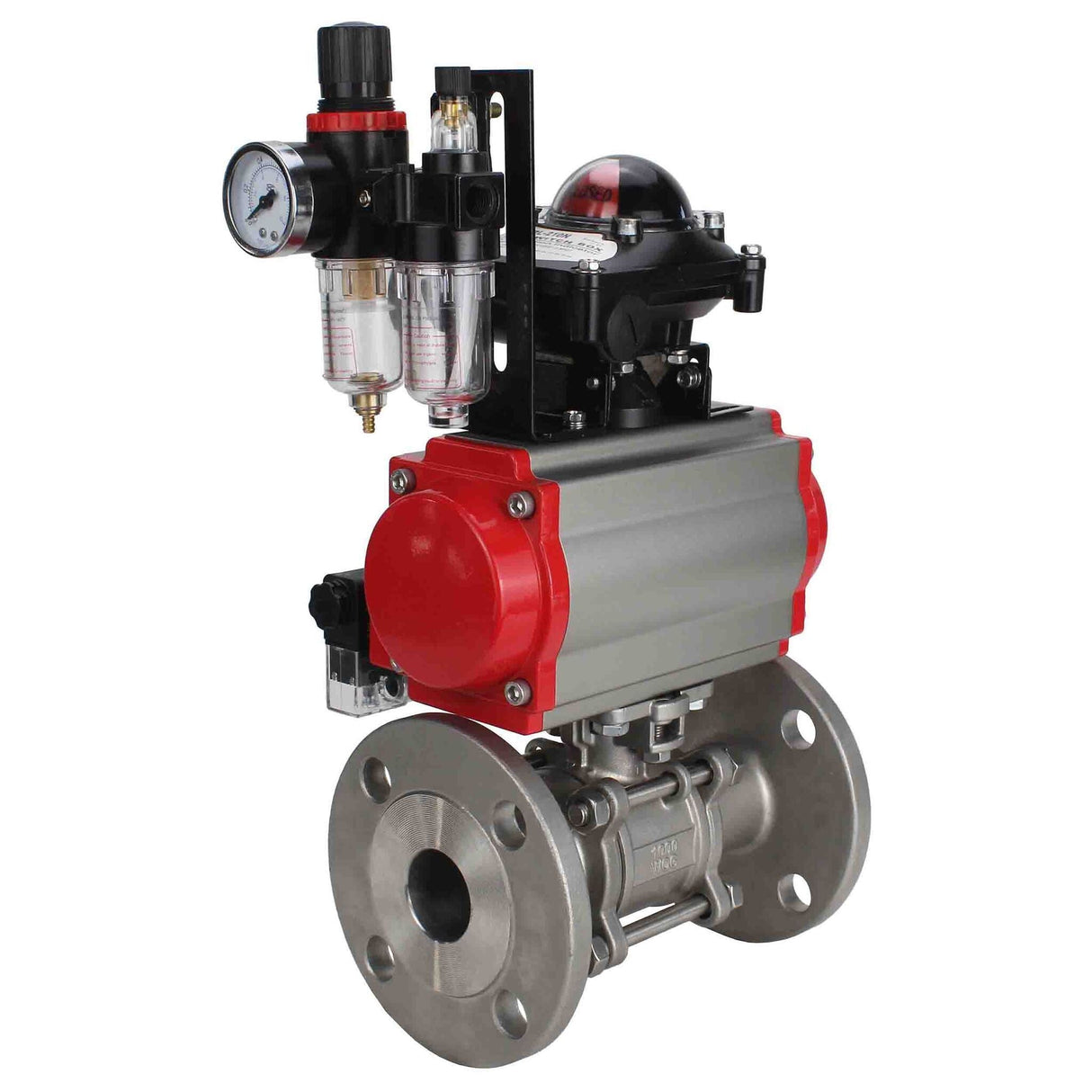 Válvula de bola de acero inoxidable Elephant ksfpt-316-180-da-4m310-110/220v-apl210n-afc2000, material del cuerpo - acero inoxidable AISI 316, material de la bola - acero inoxidable AISI 316, sello - PTFE, actuador neumático operado