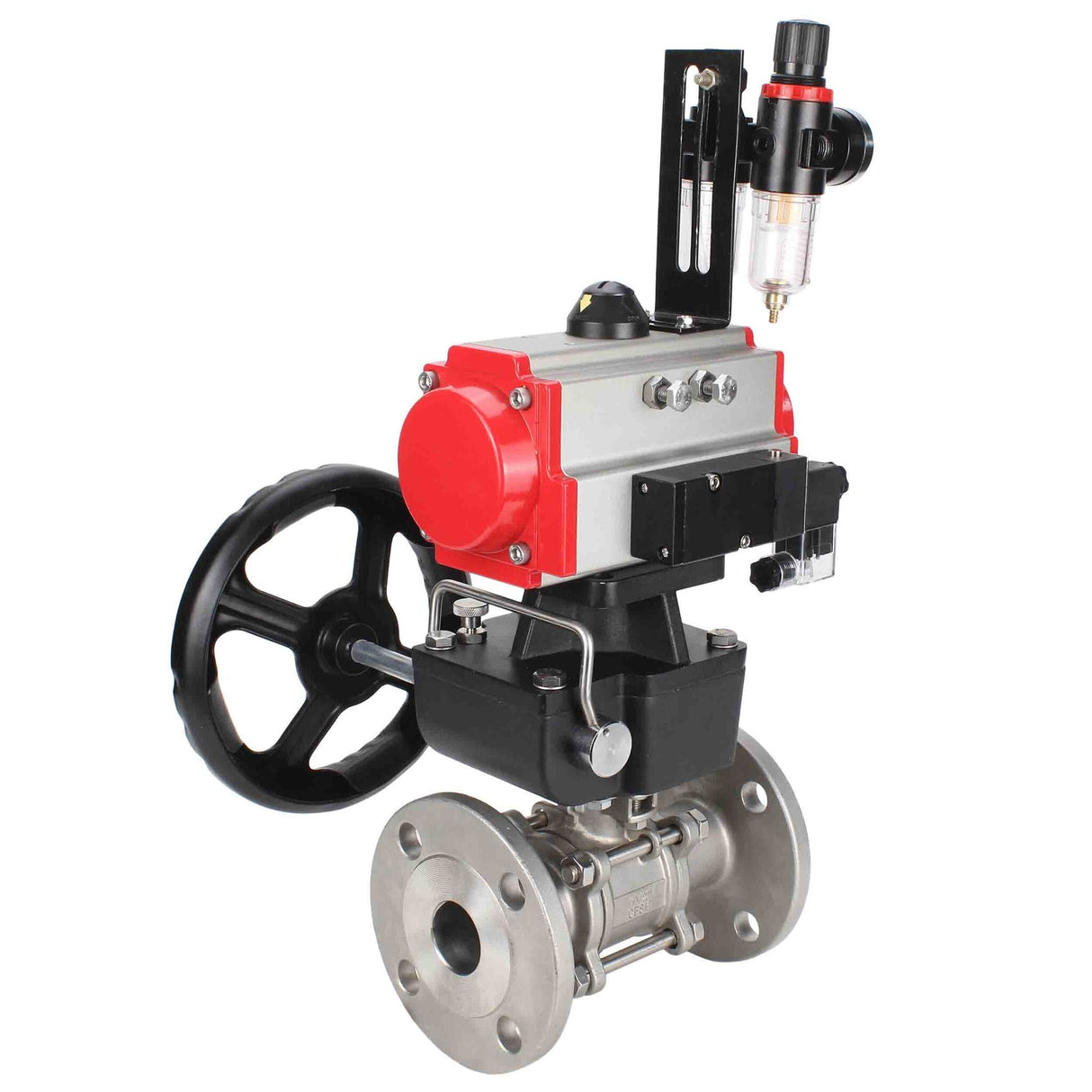 Válvula de bola de acero inoxidable Elephant ksfpt-316-180-da-4m310-24v-hdm-afc2000, material del cuerpo - acero inoxidable AISI 316, material de la bola - acero inoxidable AISI 316, sello - PTFE, actuador neumático operado