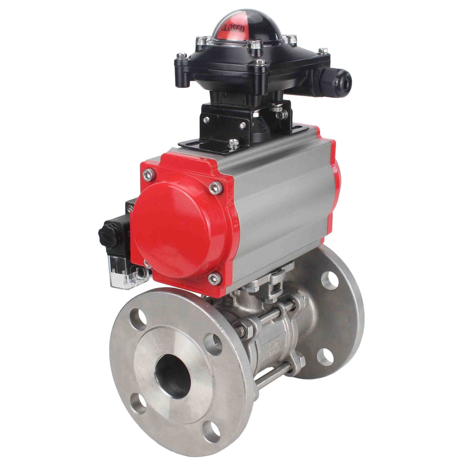 Válvula de bola de acero inoxidable Elephant ksfpt-304-180-da-4m310-24v-apl210n, material del cuerpo - acero inoxidable AISI 304, material de la bola - acero inoxidable AISI 304, sello - PTFE, actuador neumático operado