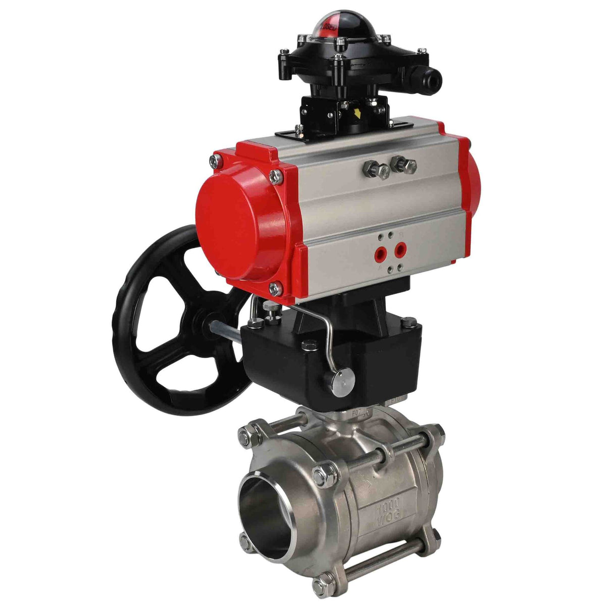 Válvula de bola de acero inoxidable Elephant kshpp-316200-da-apl210n-hdm, material del cuerpo - acero inoxidable AISI 316, material de la bola - acero inoxidable AISI 316, sello - PTFE, actuador neumático operado