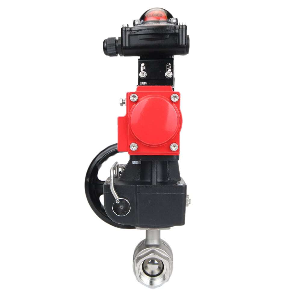 Stainless steel ball valve Elephant BVMP.316.230-ISO 63 bar, threaded, full port, body material - stainless steel AISI 316, with double-acting pneumatic actuator Elephant DA, limit switch block APL-410N EX, manual override HDM