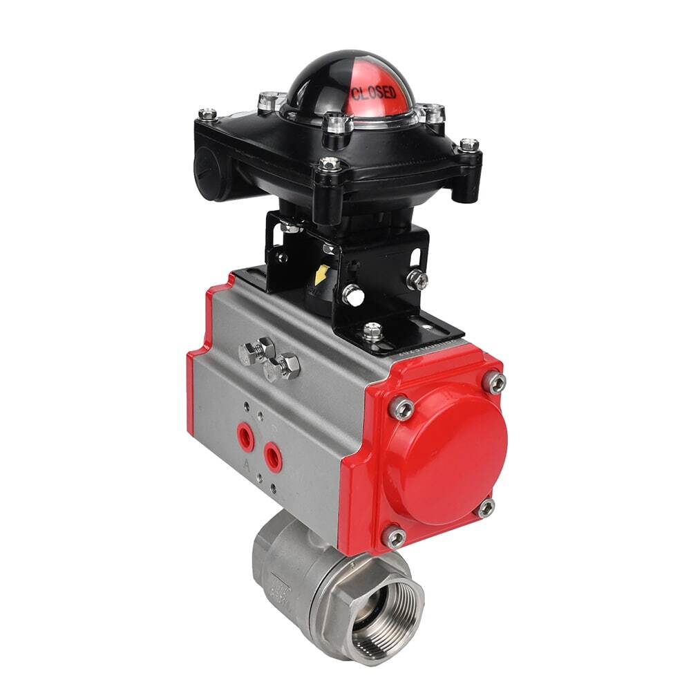 Válvula de bola de acero inoxidable Elephant BVMP.316.230-ISO 914 PSI, roscada, paso completo, material del cuerpo - acero inoxidable AISI 316, con actuador neumático de doble efecto Elephant DA, bloque de interruptores de límite APL-410N EX