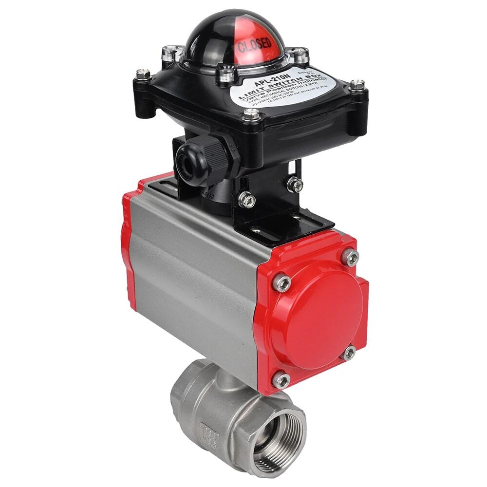 Válvula de bola de acero inoxidable Elephant BVMP.316.230-ISO 914 PSI, roscada, paso completo, material del cuerpo - acero inoxidable AISI 316, con actuador neumático con resortes de retorno Elephant SA, bloque de interruptores de límite APL-410N EX