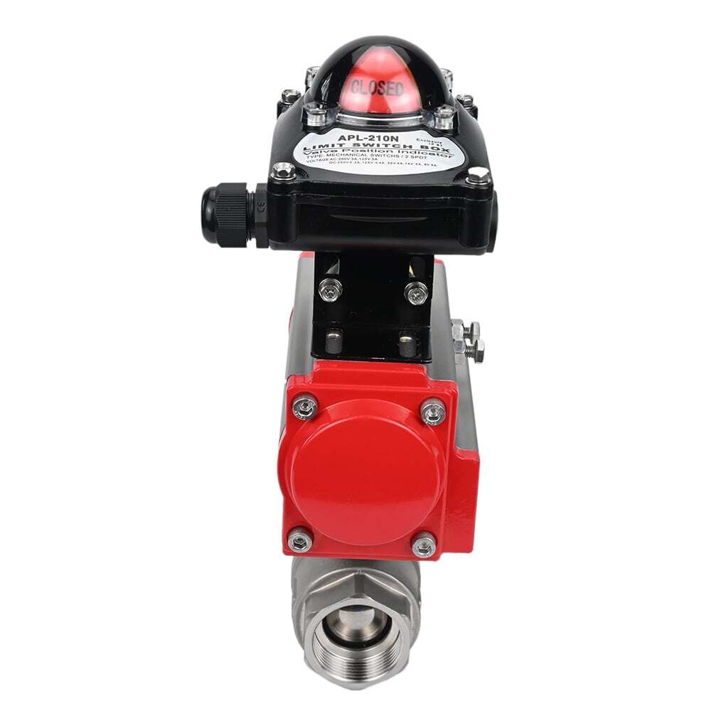 Válvula de bola de acero inoxidable Elephant BVMP.316.230-ISO 914 PSI, roscada, paso completo, material del cuerpo - acero inoxidable AISI 316, con actuador neumático de doble efecto Elephant DA, bloque de interruptores de límite APL-410N EX