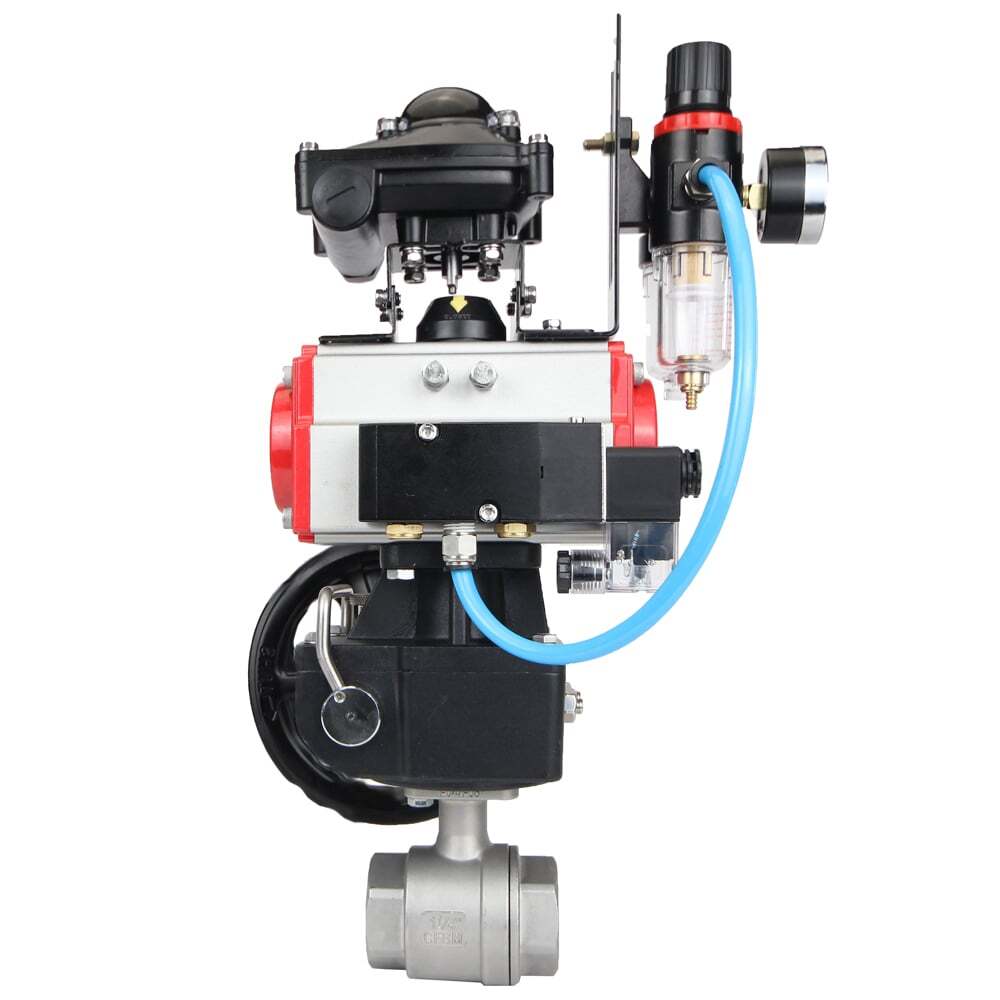 Stainless steel ball valve Elephant BVMP,316,230-ISO 63 bar, threaded, full port, body material - stainless steel AISI 316, with double-acting pneumatic actuator Elephant DA, pneumatic distributor 4M310-08 220V, limit switch block APL-410N EX, manual