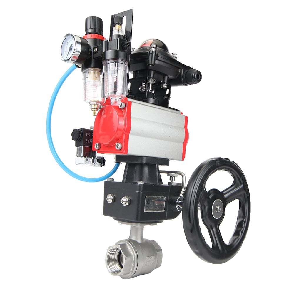 Stainless steel ball valve Elephant BVMP,316,230-ISO 63 bar, threaded, full port, body material - stainless steel AISI 316, with double-acting pneumatic actuator Elephant DA, pneumatic distributor 4M310-08 220V, limit switch block APL-410N EX, manual