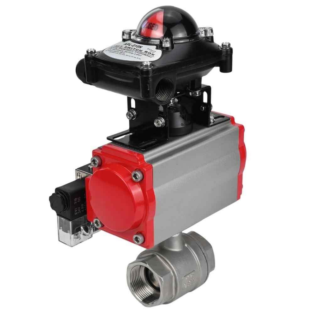 Stainless steel ball valve Elephant BVMP.316.230-ISO 63 bar, threaded, full port, body material - stainless steel AISI 316, with double-acting pneumatic actuator Elephant DA, pneumatic distributor 4M310-08 NAMUR  220V and limit switch block APL-410N EX