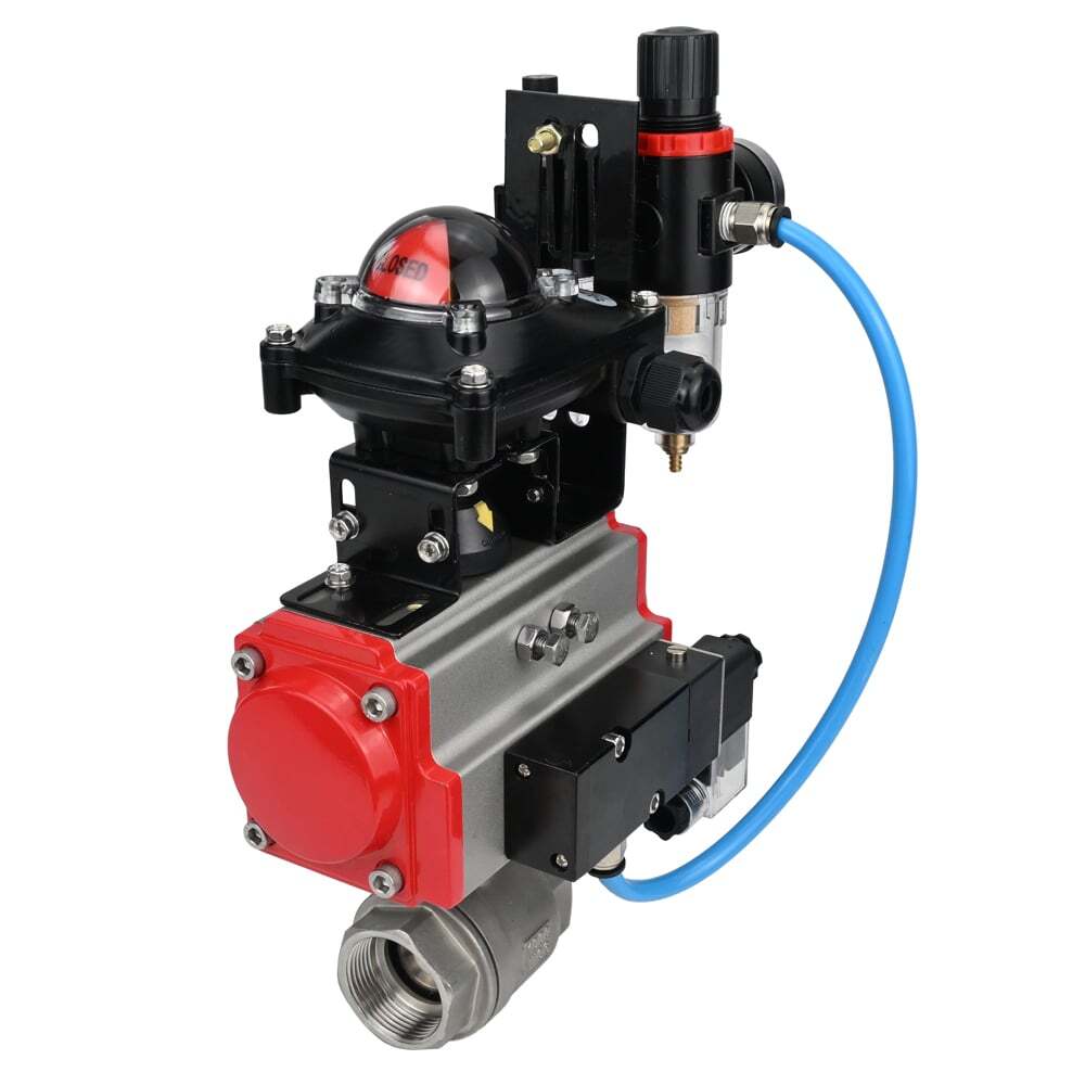 Stainless steel ball valve Elephant BVMP.316.230-ISO 63 bar, threaded, full port, body material - stainless steel AISI 316, with double-acting pneumatic actuator Elephant DA, pneumatic distributor 4M310-08 NAMUR  24V, limit switch block APL-410N EX, air