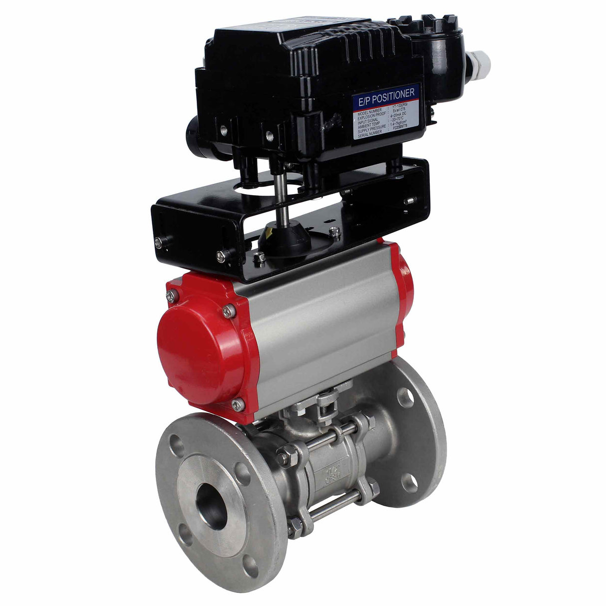 Válvula de bola de acero inoxidable Elephant ksfpt-304-180-sa-yt1000rsi, material del cuerpo - acero inoxidable AISI 304, material de la bola - acero inoxidable AISI 304, sello - PTFE, actuador neumático operado