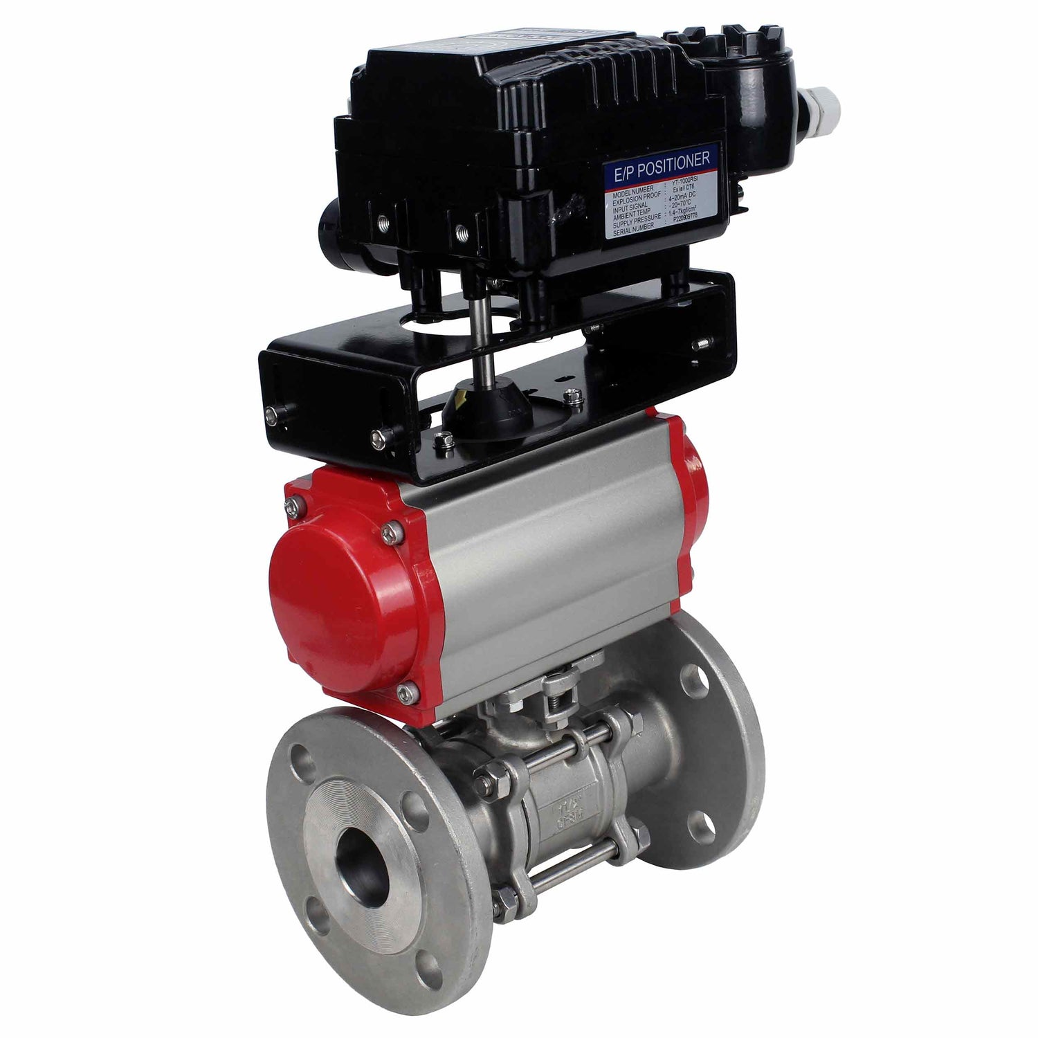 Válvula de bola de acero inoxidable Elephant ksfpt-316-180-sa-yt1000rsn, material del cuerpo - acero inoxidable AISI 316, material de la bola - acero inoxidable AISI 316, sello - PTFE, actuador neumático operado