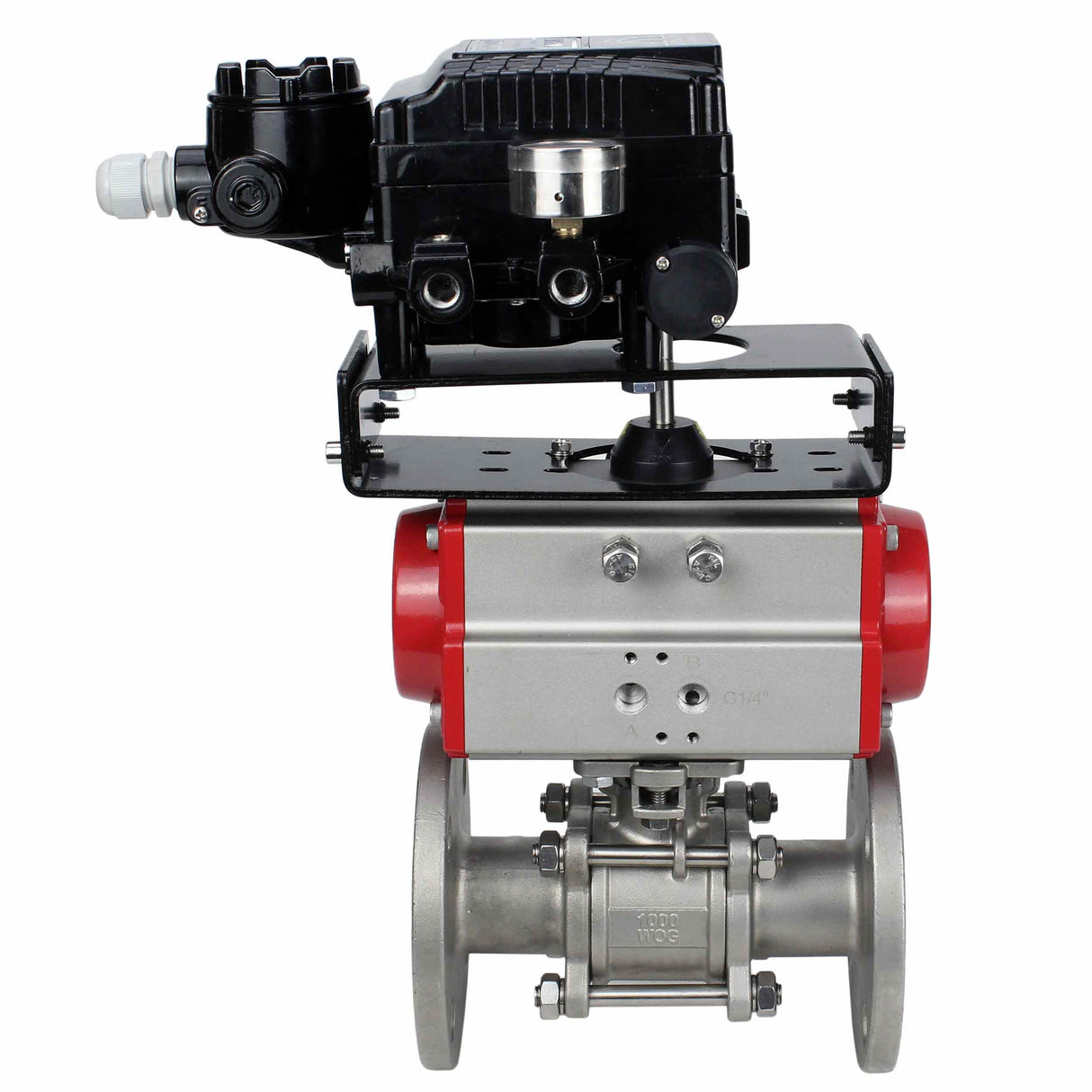 Válvula de bola de acero inoxidable Elephant ksfpt-316-180-sa-yt1000rsn, material del cuerpo - acero inoxidable AISI 316, material de la bola - acero inoxidable AISI 316, sello - PTFE, actuador neumático operado