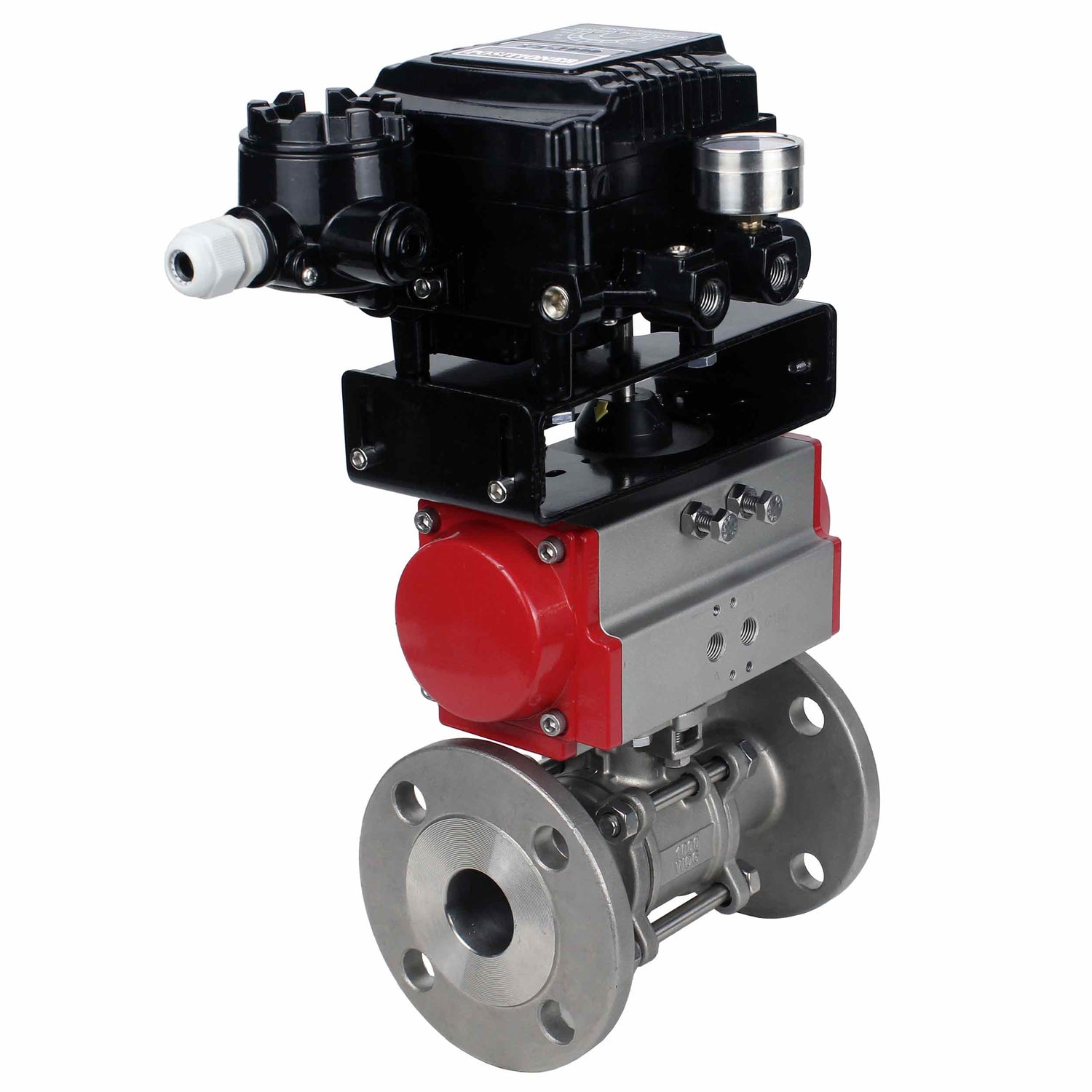 Válvula de bola de acero inoxidable Elephant ksfpt-316-180-da-yt1000rsi, material del cuerpo - acero inoxidable AISI 316, material de la bola - acero inoxidable AISI 316, sello - PTFE, actuador neumático operado