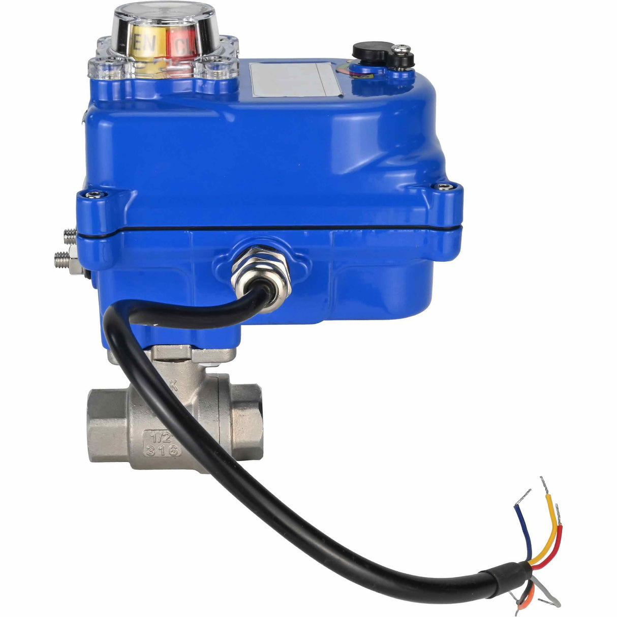 Válvula de bola de acero inoxidable Elephant BVMP.316.230-ISO PSI914 SS316 roscada, actuador eléctrico de cuarto de vuelta Elephant 003 azul 24 V