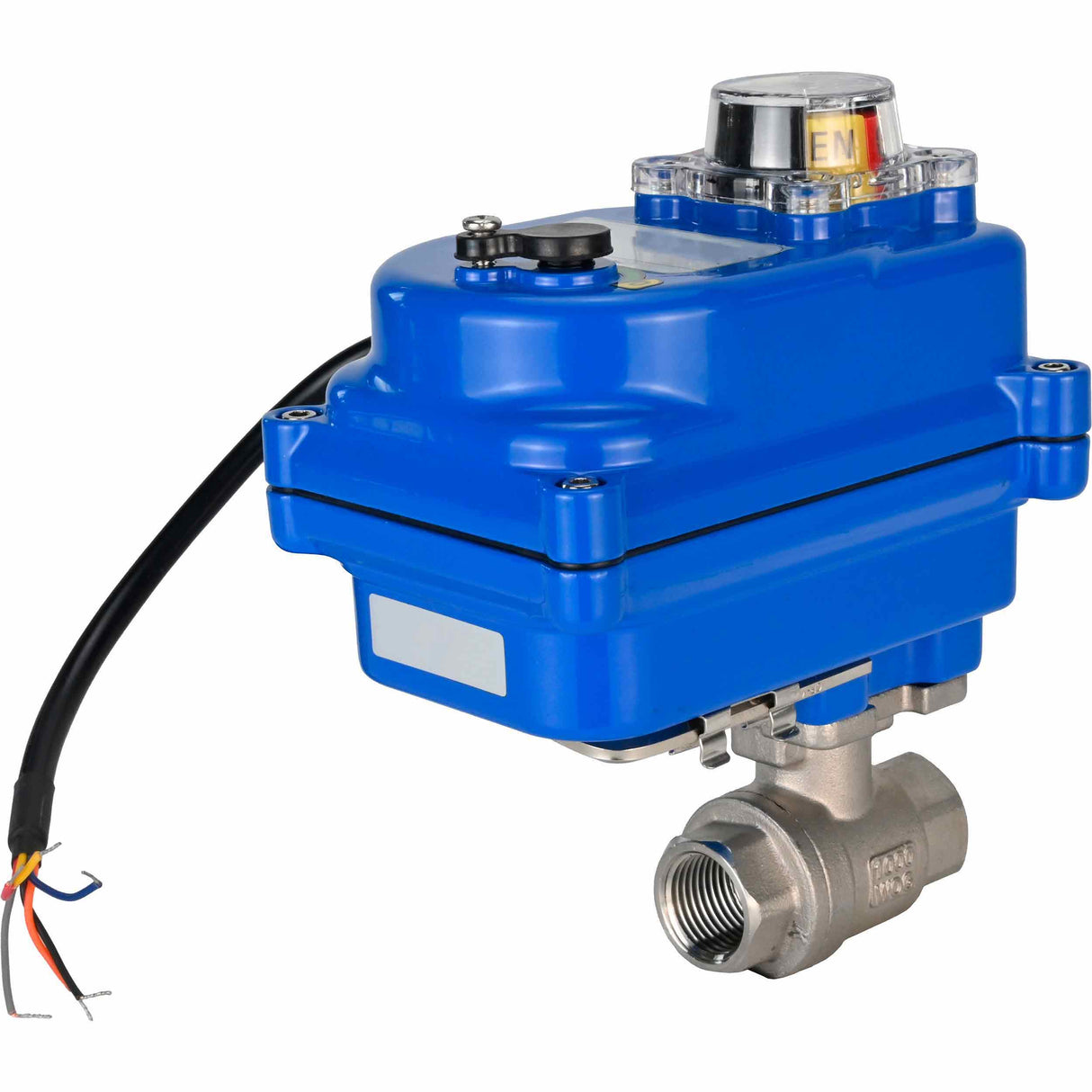 Válvula de bola de acero inoxidable Elephant BVMP.316.230-ISO PSI914 SS316 roscada, actuador eléctrico de cuarto de vuelta Elephant 003 azul 24 V