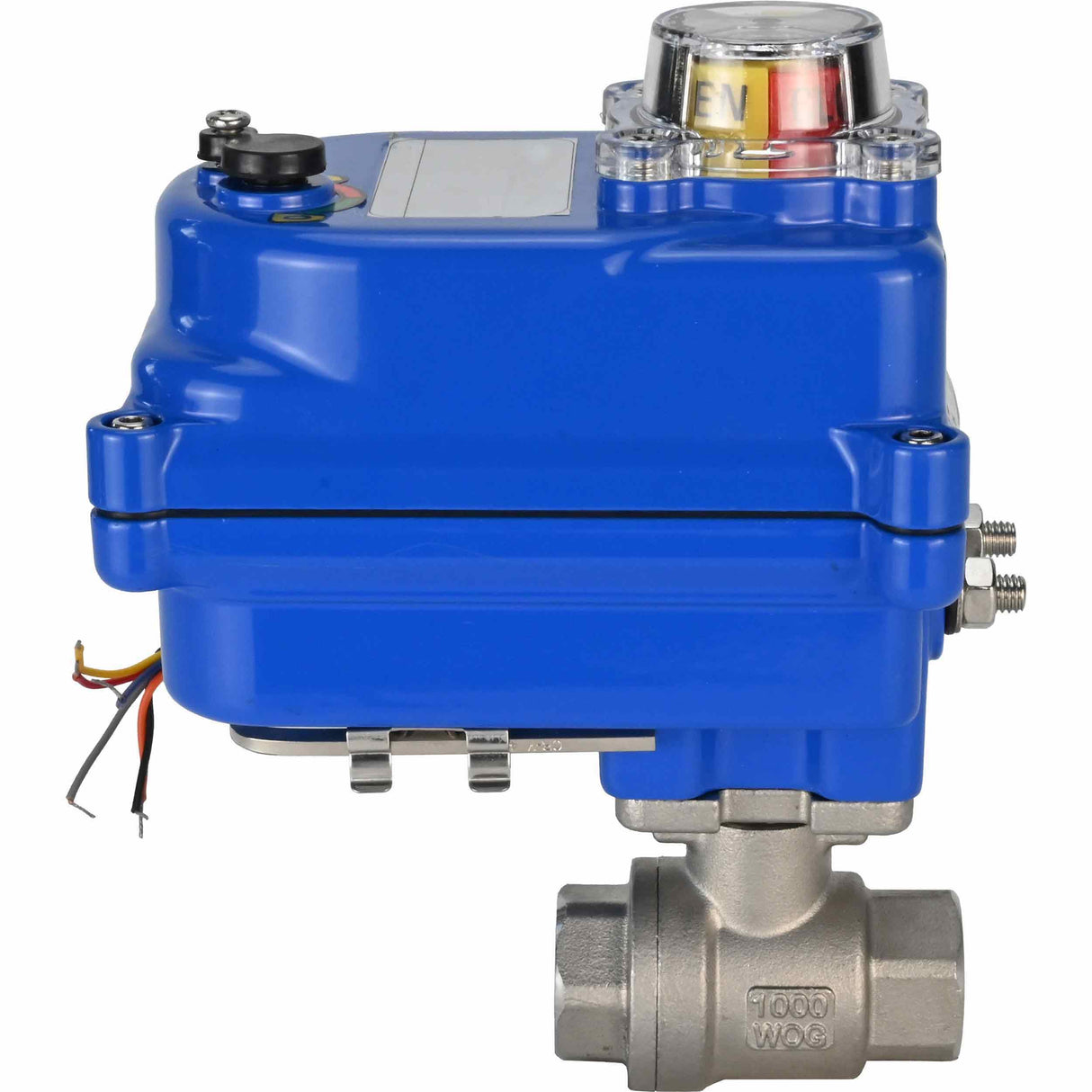 Válvula de bola de acero inoxidable Elephant BVMP.316.230-ISO PSI914 SS316 roscada, actuador eléctrico de cuarto de vuelta Elephant 003 azul 24 V