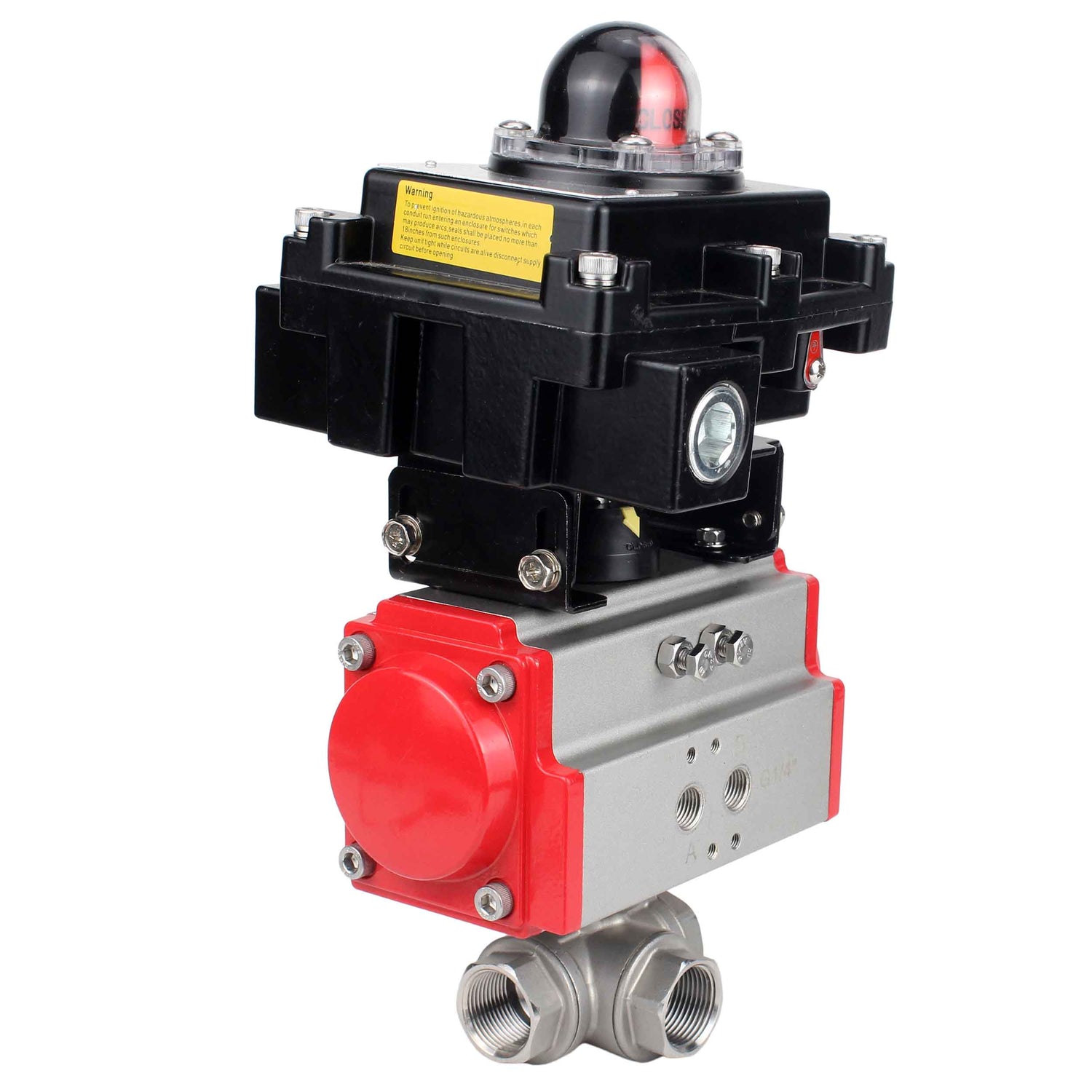 Válvula de bola de acero inoxidable Elephant RP.SS316.200.MM.ISO 914 PSI roscada, puerto estándar, tres vías, tipo L, material del cuerpo - acero inoxidable AISI 316, actuador neumático DA, bloque de interruptores de límite APL-410N EX