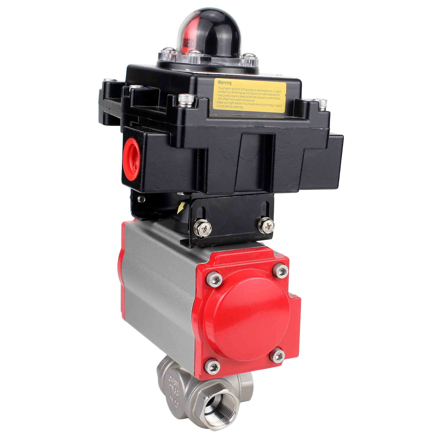 Vannes à boisseau sphérique 3 voies en acier inoxydable type L alésage standard Elephant BV3232P-SP-3WL-T-ISO 16 bar, accouplement avec bride ISO avec actionneurs pneumatiques Elephant PA-SA-1 et BKV APL-410N EX