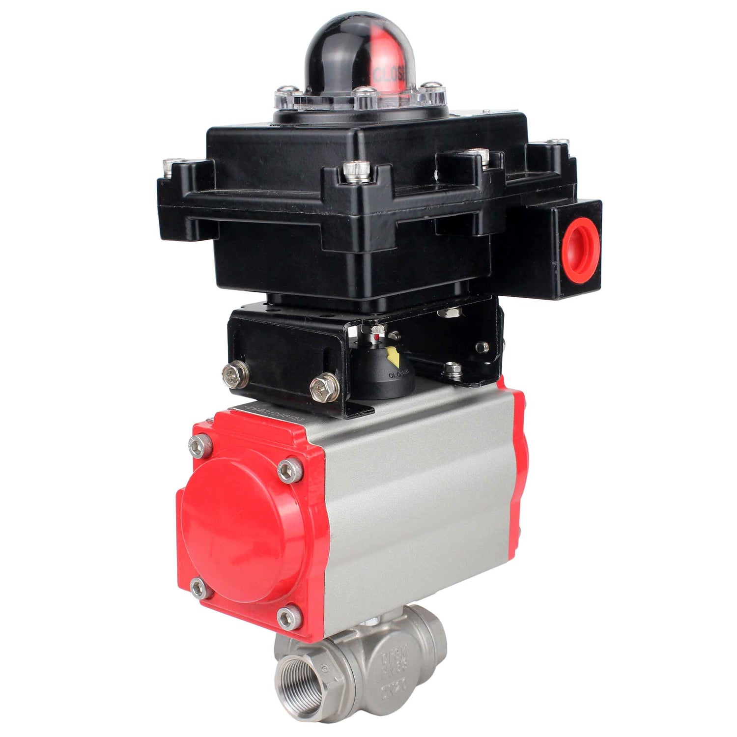 Válvula de bola de acero inoxidable Elephant RP.SS316.200.MM.ISO 914 PSI roscada, puerto estándar, tres vías, tipo L, material del cuerpo - acero inoxidable AISI 316, actuador neumático DA, bloque de interruptores de límite APL-410N EX