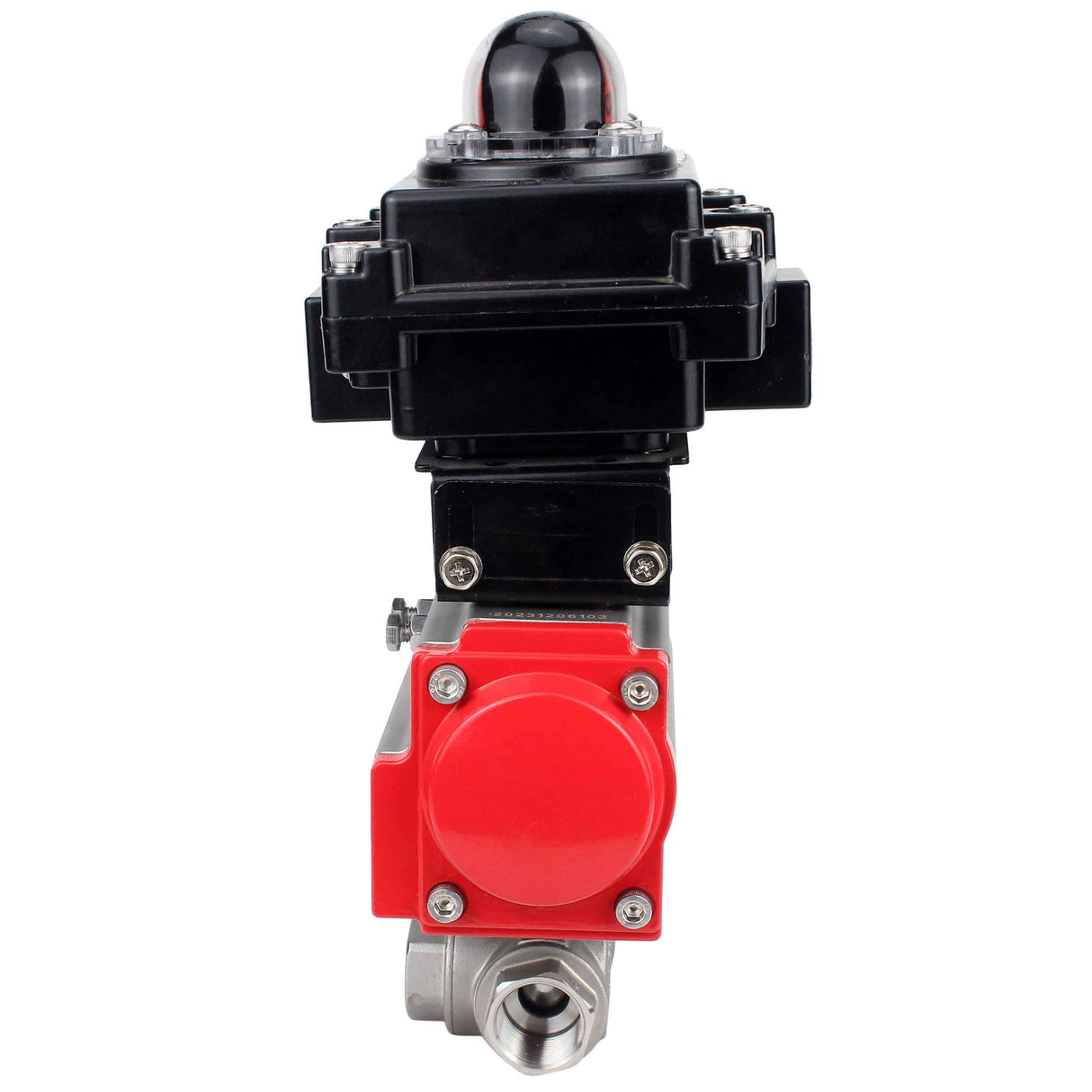 Vannes à boisseau sphérique 3 voies en acier inoxydable type L alésage standard Elephant BV3232P-SP-3WL-T-ISO 16 bar, accouplement avec bride ISO avec actionneurs pneumatiques Elephant PA-SA-1 et BKV APL-410N EX