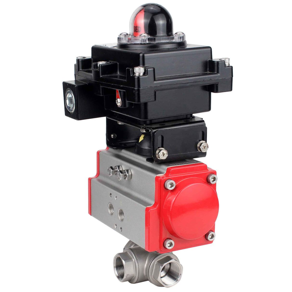 Válvula de bola de acero inoxidable Elephant RP.SS316.200.MM.ISO 914 PSI roscada, puerto estándar, tres vías, tipo L, material del cuerpo - acero inoxidable AISI 316, actuador neumático DA, bloque de interruptores de límite APL-410N EX