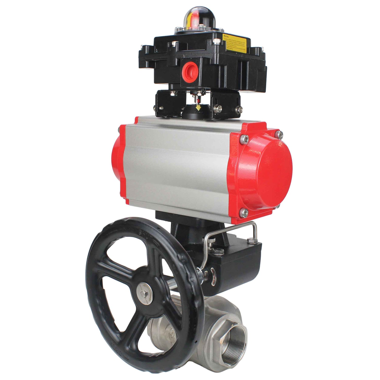 Stainless steel ball valve Elephant RP.SS316.200.MM.ISO 63 bar threaded, standard port, three way, L-type, body material - stainless steel AISI 316, pneumatic actuator DA, limit switch block APL-410N EX, manual override HDM