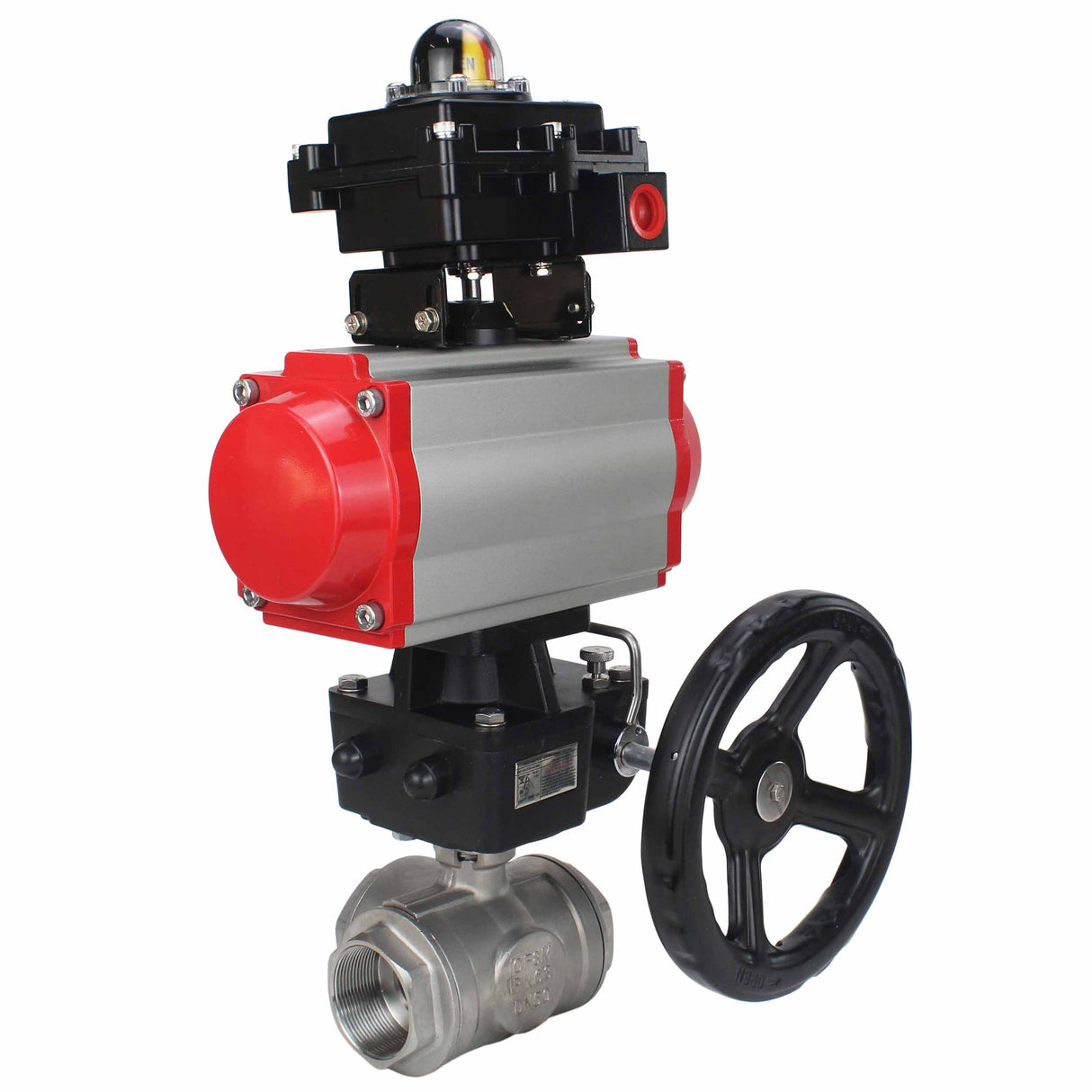 Stainless steel ball valve Elephant RP.SS316.200.MM.ISO 63 bar threaded, standard port, three way, L-type, body material - stainless steel AISI 316, pneumatic actuator DA, limit switch block APL-410N EX, manual override HDM