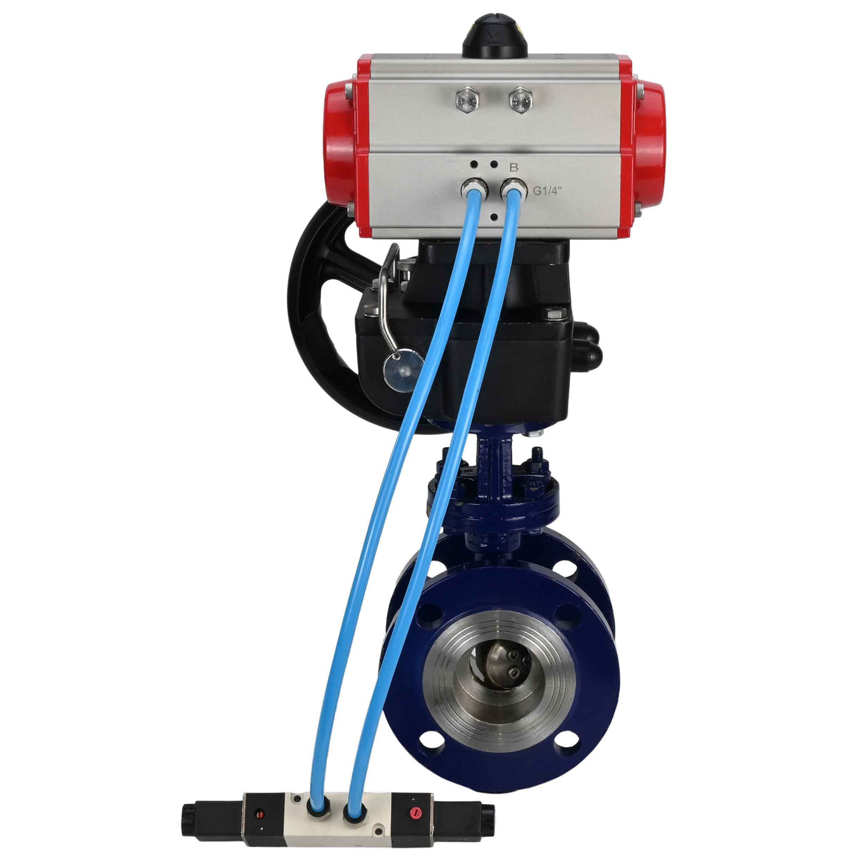 Vanne papillon d'eau Elephant WBV3EX-3432M-1W-F-ISO, matériau du corps - Acier au carbone, matériau du disque - Acier inoxydable AISI 316, joint - Métal, actionneur pneumatique PA-DA double action, volant 4V320-10 220V MON,