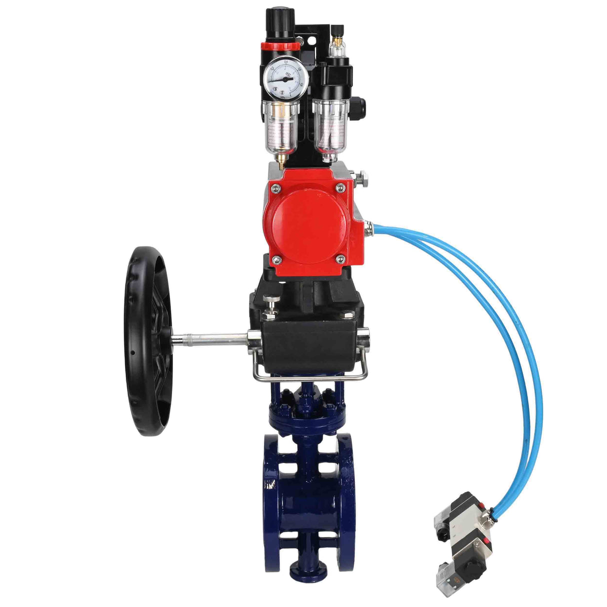 Vanne papillon d'eau Elephant WBV3EX-3432M-1W-F-ISO, matériau du corps - Acier au carbone, matériau du disque - Acier inoxydable AISI 316, joint - Métal, actionneur pneumatique PA-DA double action, 4V320-08 220V, BKV APL-210N, volant MON, BPV AFC2000