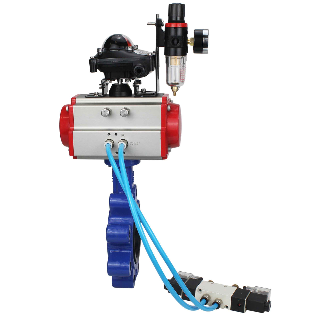 Vanne papillon d'eau Elephant WBV1616E-2W-Fb-H, matériau du corps - fonte QT450, matériau du disque - fonte QT450, joint - EPDM, actionneur pneumatique PA-SA avec ressorts de rappel, 4V320-10 220V, BKV APL-210N BPV AFC2000