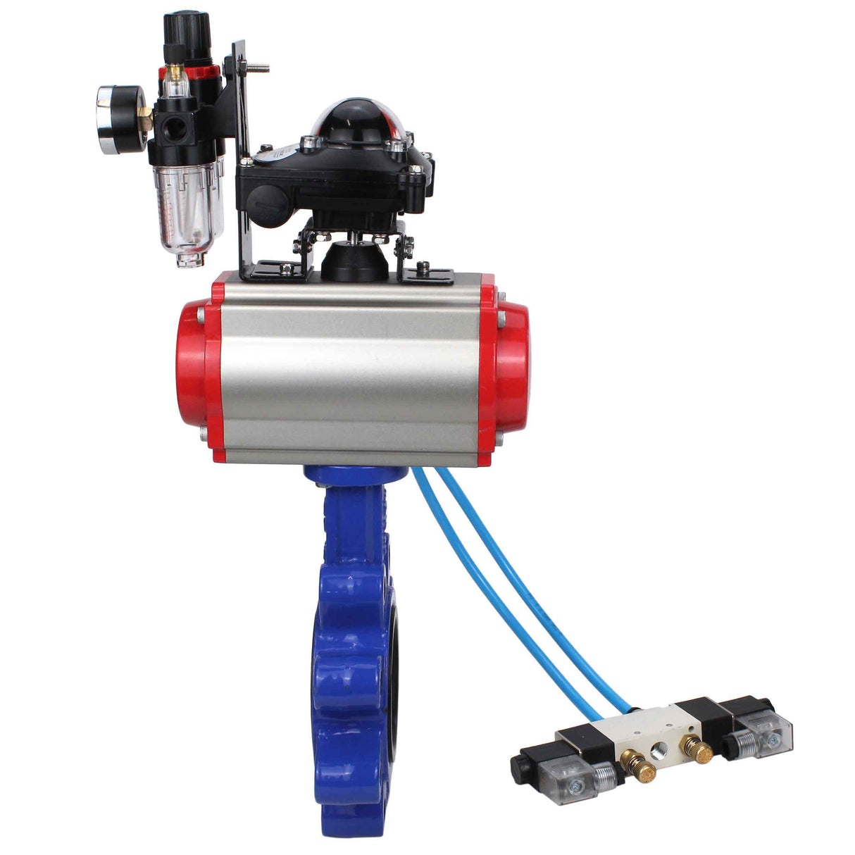 Vanne papillon d'eau Elephant WBV1616N-2W-Fb-H, matériau du corps - fonte QT450, matériau du disque - fonte QT450, joint - NBR, actionneur pneumatique PA-SA avec ressorts de rappel, 4V320-08 220V, BKV APL-210N BPV AFC2000