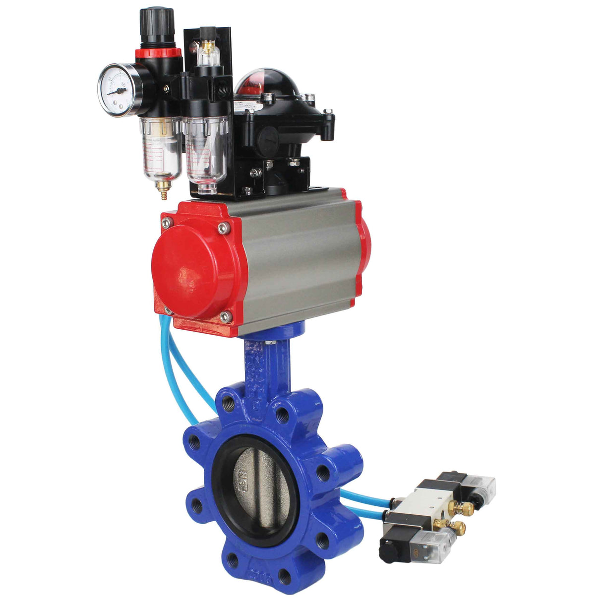 Vanne papillon d'eau Elephant WBV1616E-2W-Fb-H, matériau du corps - fonte QT450, matériau du disque - fonte QT450, joint - EPDM, actionneur pneumatique PA-SA avec ressorts de rappel, 4V320-08 220V, BKV APL-210N BPV AFC2000