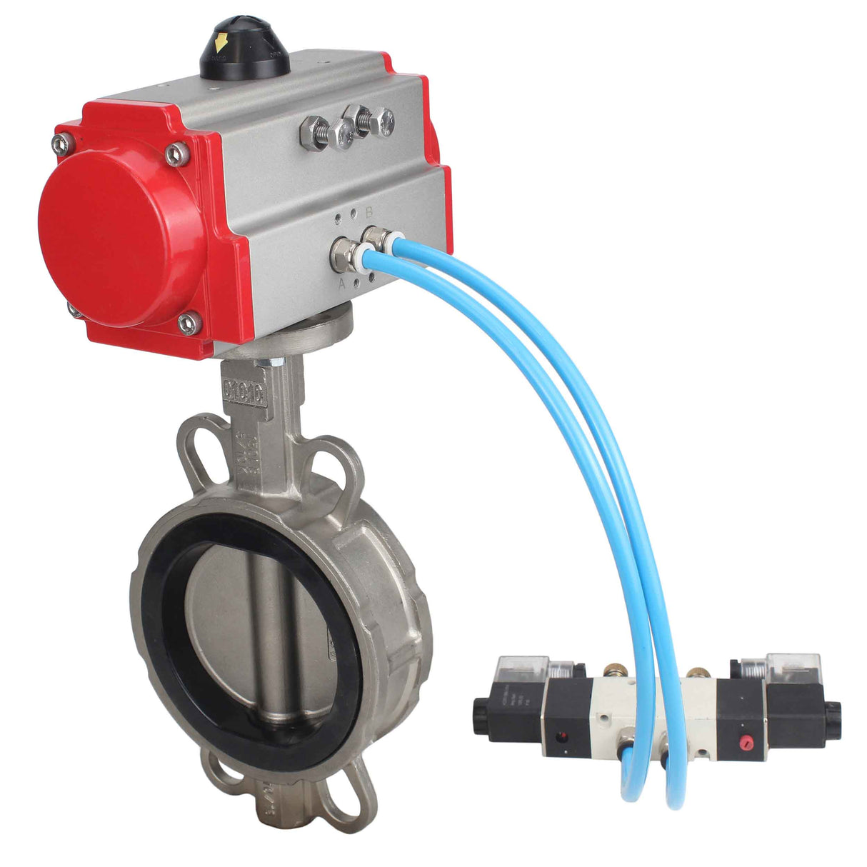 Vanne papillon d'eau Elephant WBV3131V-2W-Fb-H, matériau du corps - Acier inoxydable AISI 304, matériau du disque - Acier inoxydable AISI 304, joint - Viton, actionneur pneumatique PA-SA avec ressorts de rappel, 4V320-08 220V