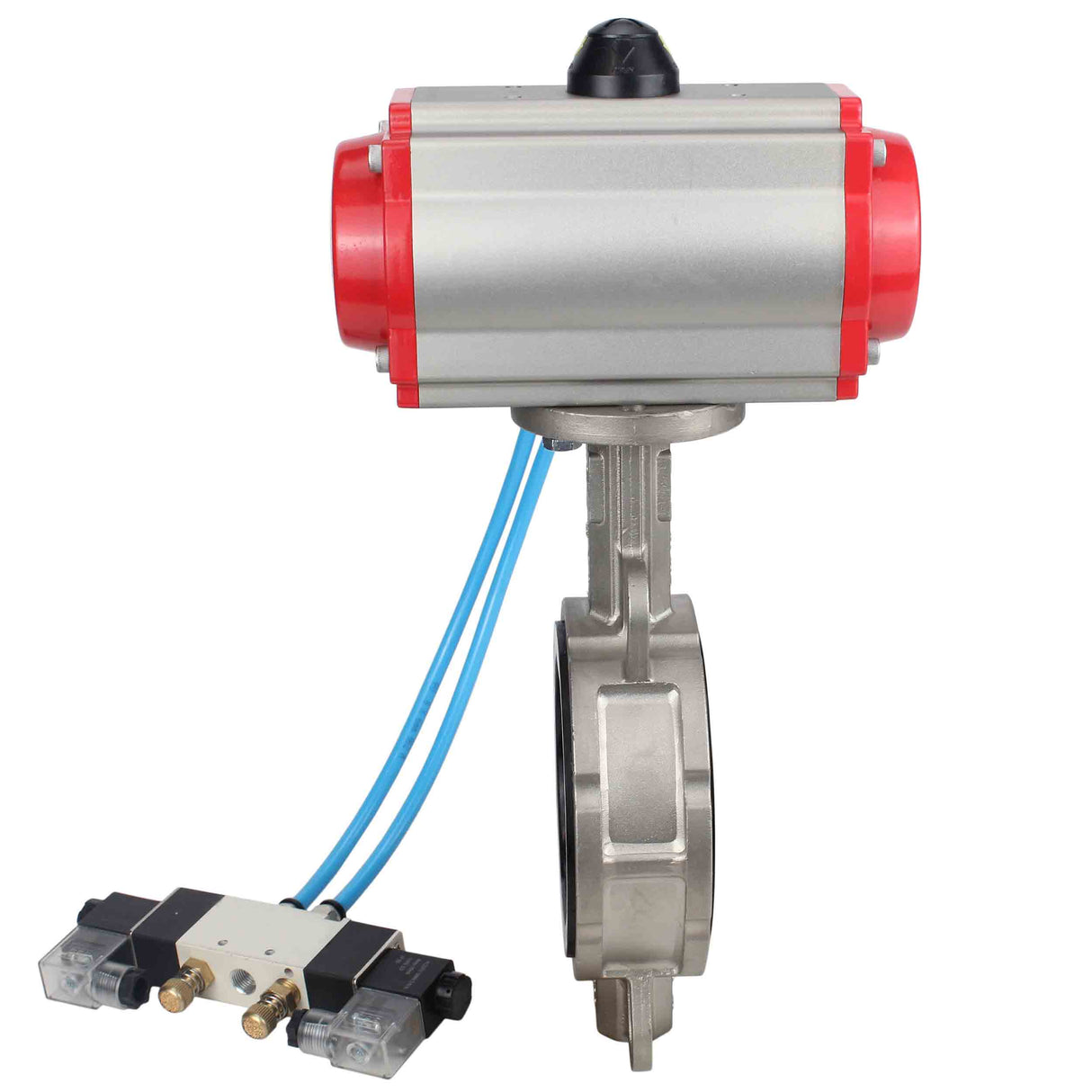 Vanne papillon d'eau Elephant WBV3131N-2W-Fb-H, matériau du corps - Acier inoxydable AISI 304, matériau du disque - Acier inoxydable AISI 304, joint - NBR, actionneur pneumatique PA-SA avec ressorts de rappel, 4V320-08 220V