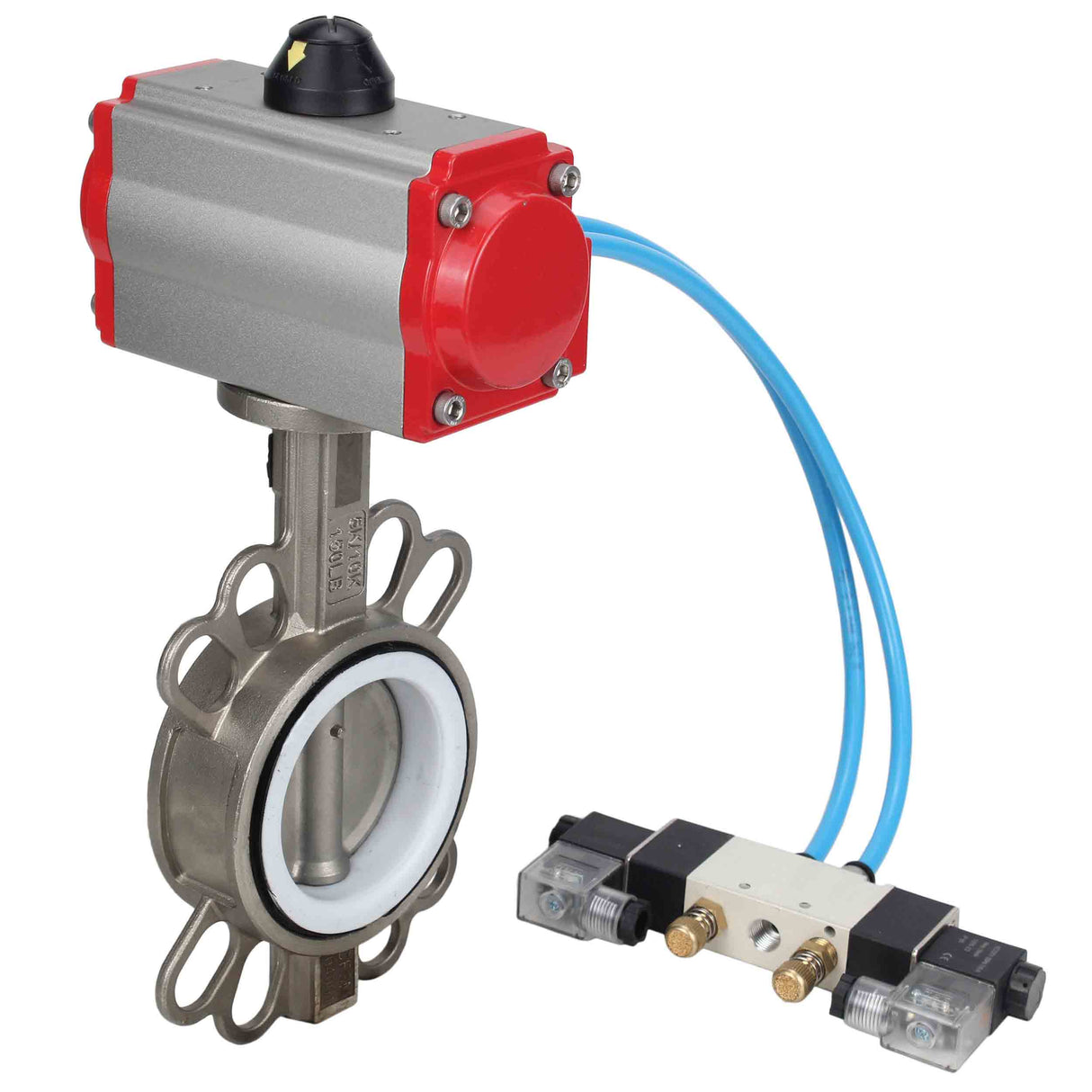 Vanne papillon d'eau Elephant WBV3131P-2W-Fb-H, matériau du corps - Acier inoxydable AISI 304, matériau du disque - Acier inoxydable AISI 304, joint - PTFE, actionneur pneumatique PA-SA avec ressorts de rappel, 4V320-08 220V