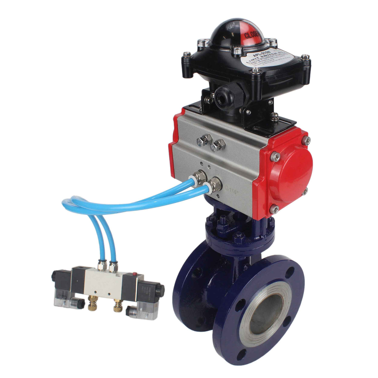 Vanne papillon d'eau Elephant WBV3EX-3431M-1W-F-ISO, matériau du corps - Acier au carbone, matériau du disque - Acier inoxydable AISI 304, joint - Métal, actionneur pneumatique PA-DA double action, 4V320-08 220V, BKV APL-210N