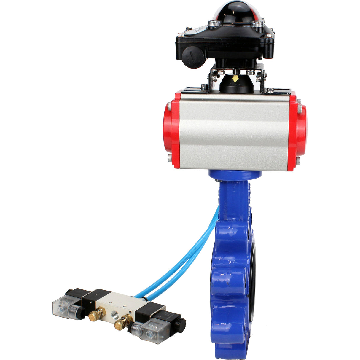 Vanne papillon d'eau Elephant WBV1616E-2W-Fb-H, matériau du corps - fonte QT450, matériau du disque - fonte QT450, joint - EPDM, actionneur pneumatique PA-SA avec ressorts de rappel, 4V320-08 220V, BKV APL-210N