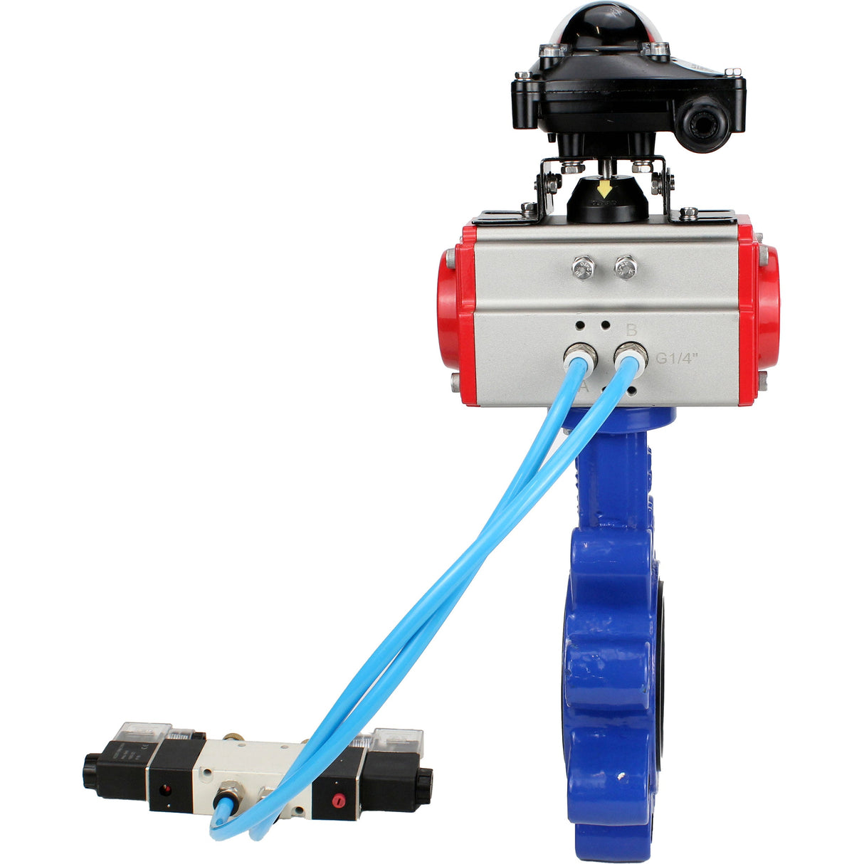 Vanne papillon d'eau Elephant WBV1616E-2W-Fb-H, matériau du corps - fonte QT450, matériau du disque - fonte QT450, joint - EPDM, actionneur pneumatique PA-SA avec ressorts de rappel, 4V320-08 220V, BKV APL-210N