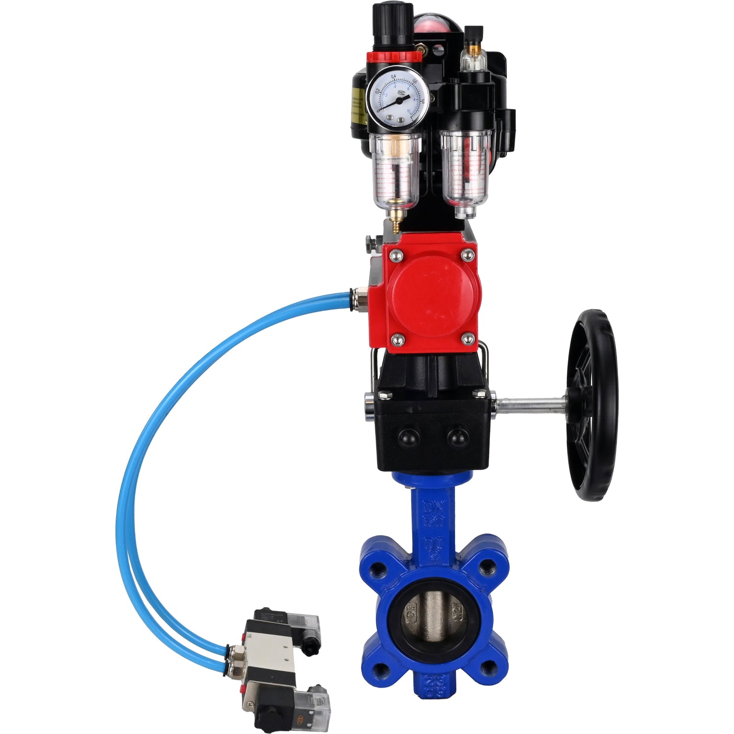 Vanne papillon d'eau Elephant WBV1616N-2W-Fb-H, matériau du corps - fonte QT450, matériau du disque - fonte QT450, joint - NBR, actionneur pneumatique PA-DA double action, 4V320-10 220V, BKV APL-510N EX, volant MON, BPV AFC2000