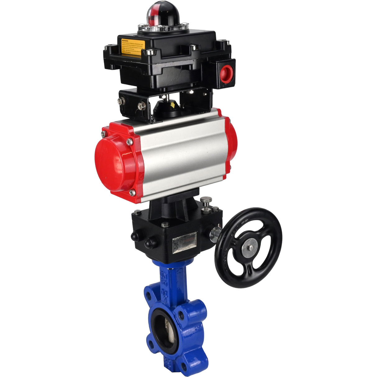 Vanne papillon d'eau Elephant WBV1616N-2W-Fb-H, matériau du corps - fonte QT450, matériau du disque - fonte QT450, joint - NBR, avec actionneur pneumatique double effet PA-DA, volant MON, BKV APL-410N EX