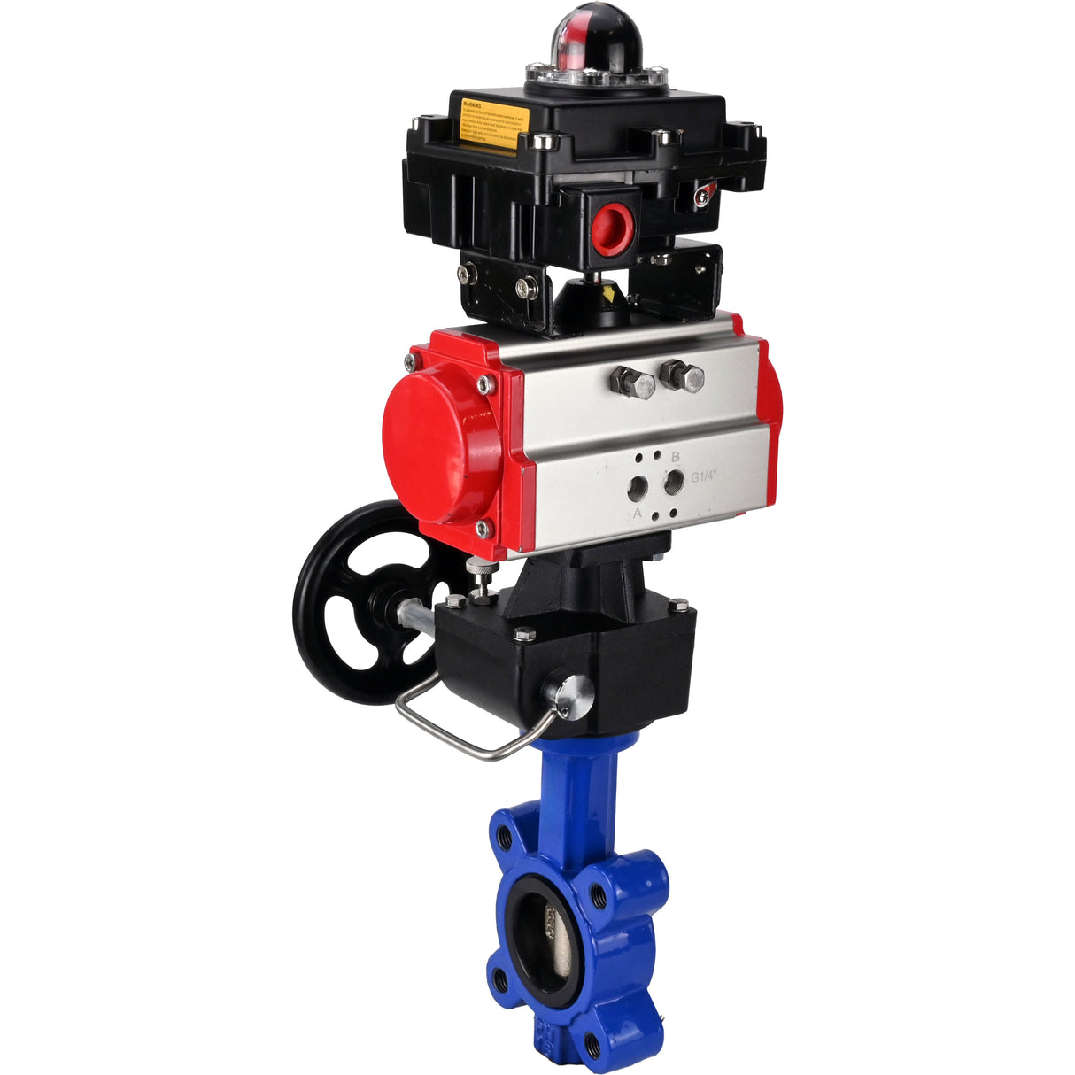 Vanne papillon d'eau Elephant WBV1616N-2W-Fb-H, matériau du corps - fonte QT450, matériau du disque - fonte QT450, joint - NBR, avec actionneur pneumatique double effet PA-DA, volant MON, BKV APL-410N EX