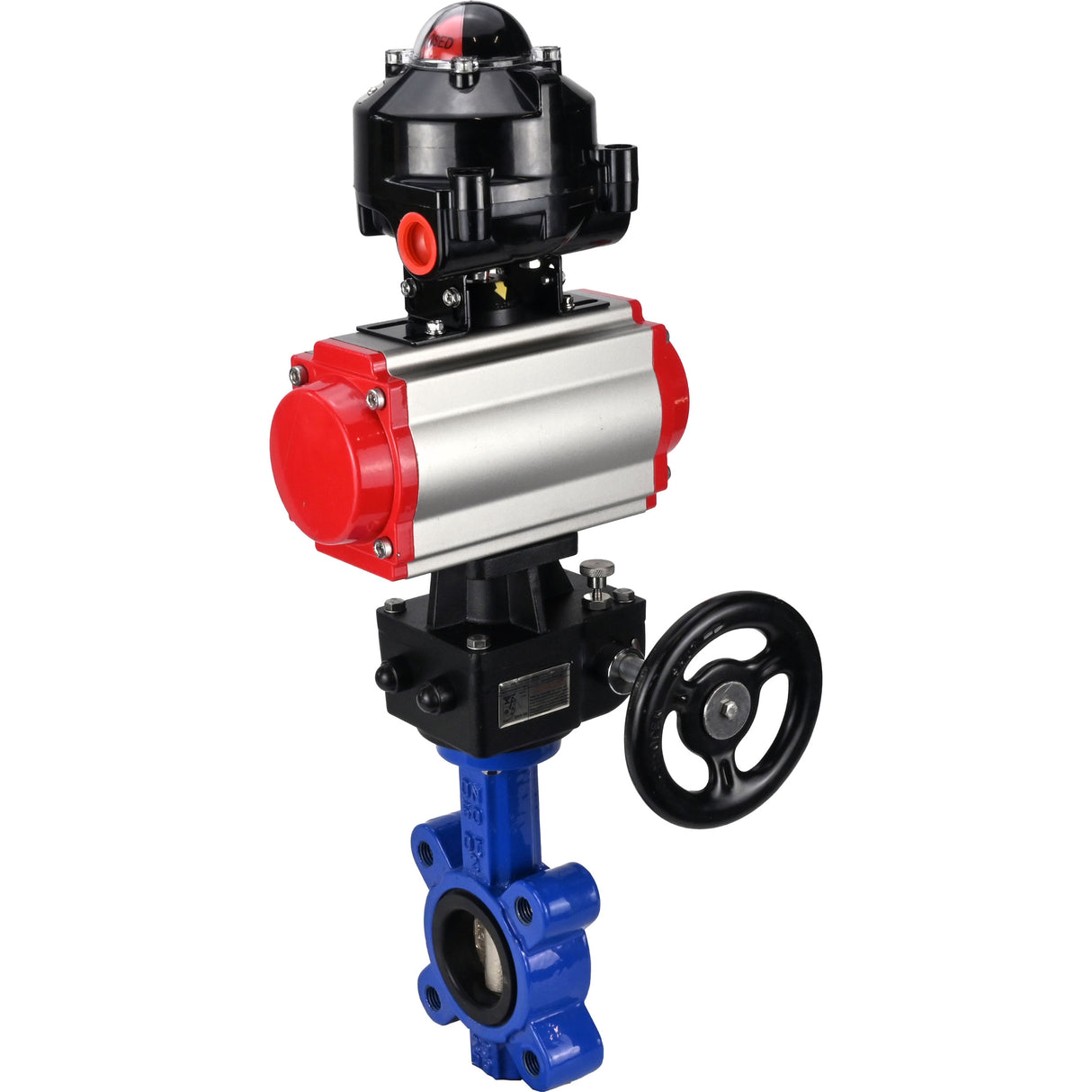 Vanne papillon d'eau Elephant WBV1616N-2W-Fb-H, matériau du corps - fonte QT450, matériau du disque - fonte QT450, joint - NBR, avec actionneur pneumatique double effet PA-DA, volant MON, BKV APL-510N EX