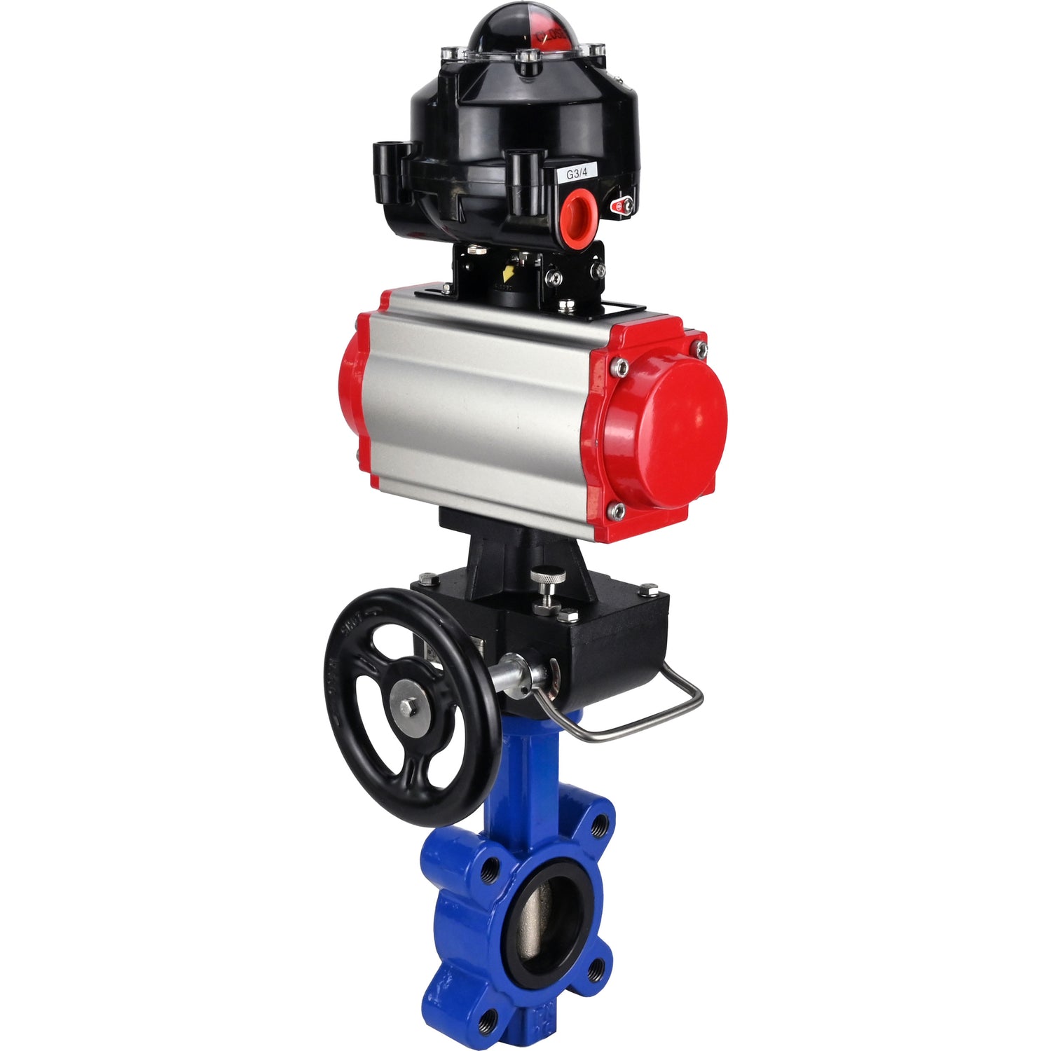 Vanne papillon d'eau Elephant WBV1616N-2W-Fb-H, matériau du corps - fonte QT450, matériau du disque - fonte QT450, joint - NBR, avec actionneur pneumatique double effet PA-DA, volant MON, BKV APL-510N EX