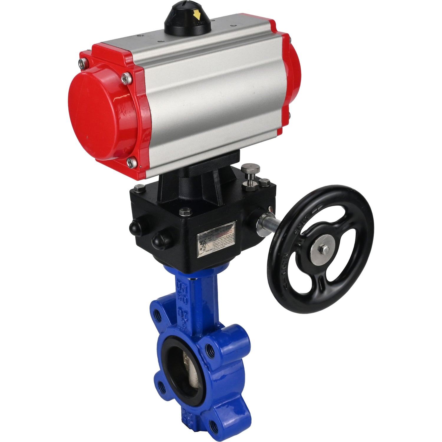 Vanne papillon d'eau Elephant WBV1616N-2W-Fb-H, matériau du corps - fonte QT450, matériau du disque - fonte QT450, joint - NBR, avec actionneur pneumatique double effet PA-DA, volant MON